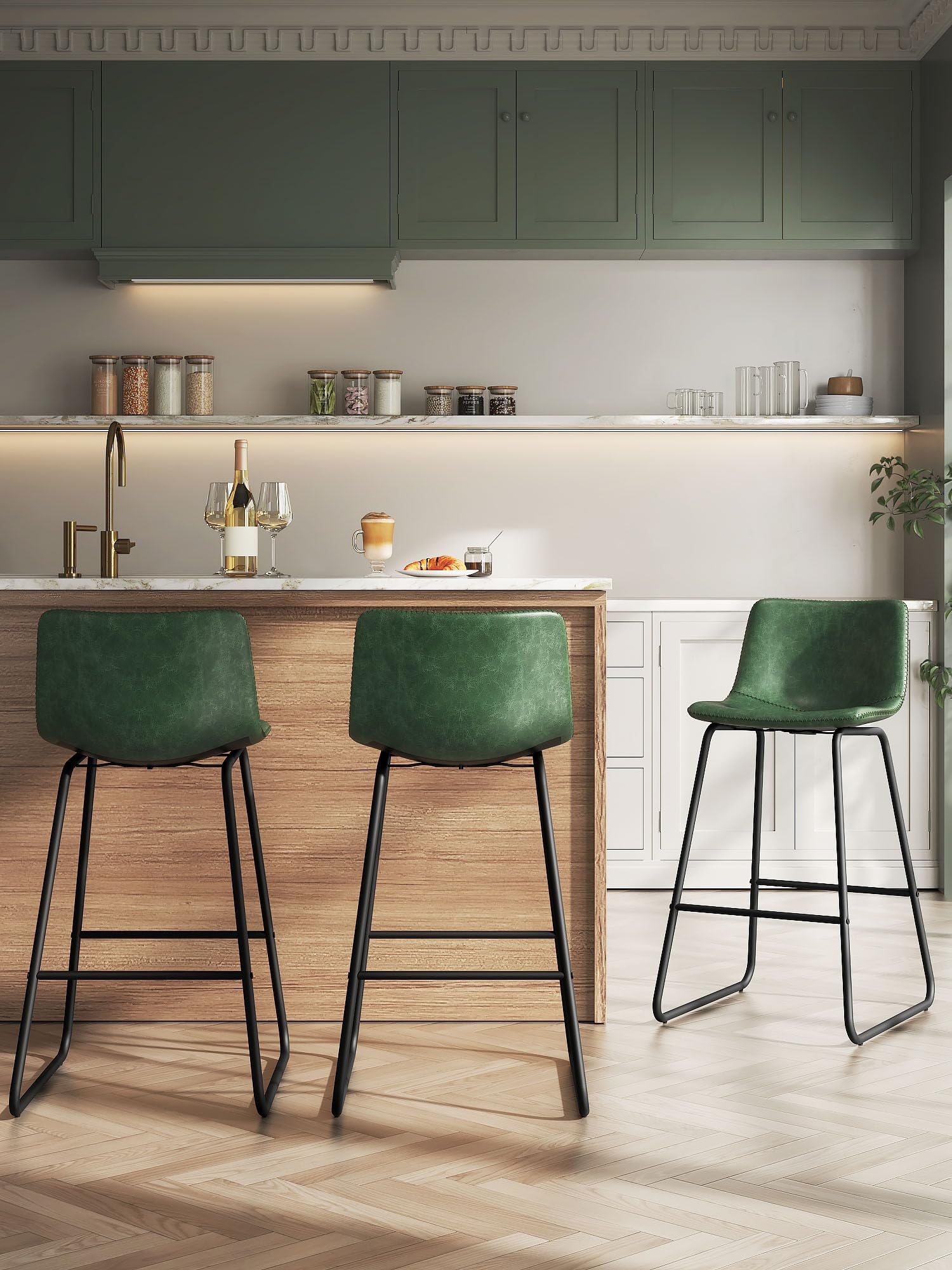Aowos Bar Stools Set of 3, 26 Inches Counter Height Bar Stools with Back, Modern Faux Leather Barstools with Metal Legs and Foot
