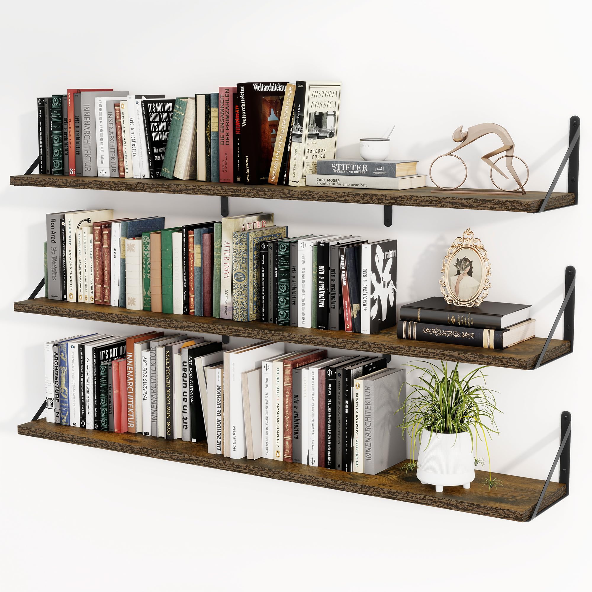 Heimlove 48 Inch Large Floating Bookshelves Set of 3,Rustic Brown Wood Wall Mounted Bookshelves,Heavy Duty Shelves for Living Ro