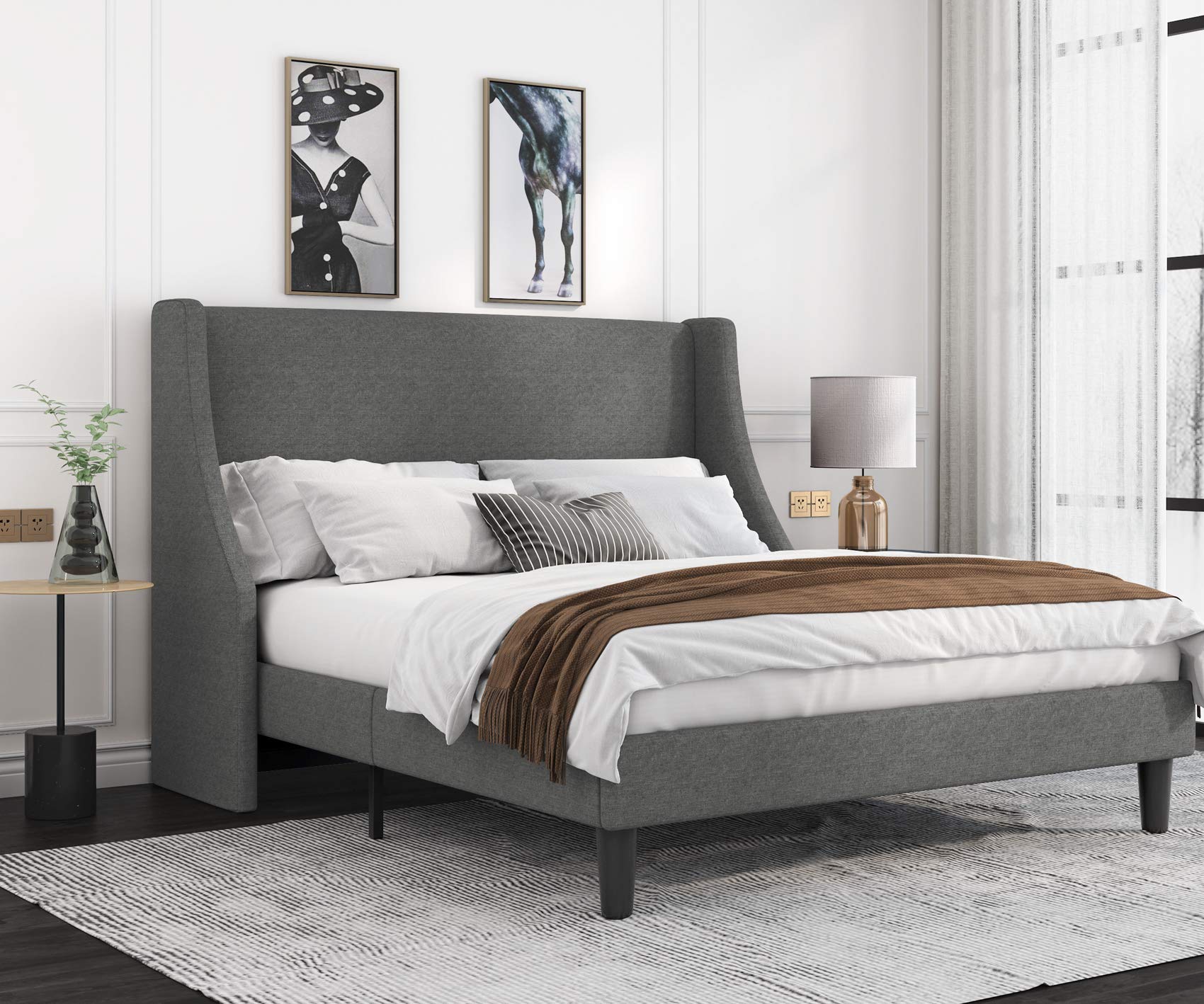 Allewie Queen Bed Frame, Platform Bed Frame Queen Size with Upholstered Headboard, Modern Deluxe Wingback, Wood Slat Support, Ma