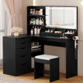 YESHOMY Vanity Desk with Lights and Mirror, L Shaped Makeup Table, Dresser with Hairdryer Holder and Power Outlet, Adjustable 3 