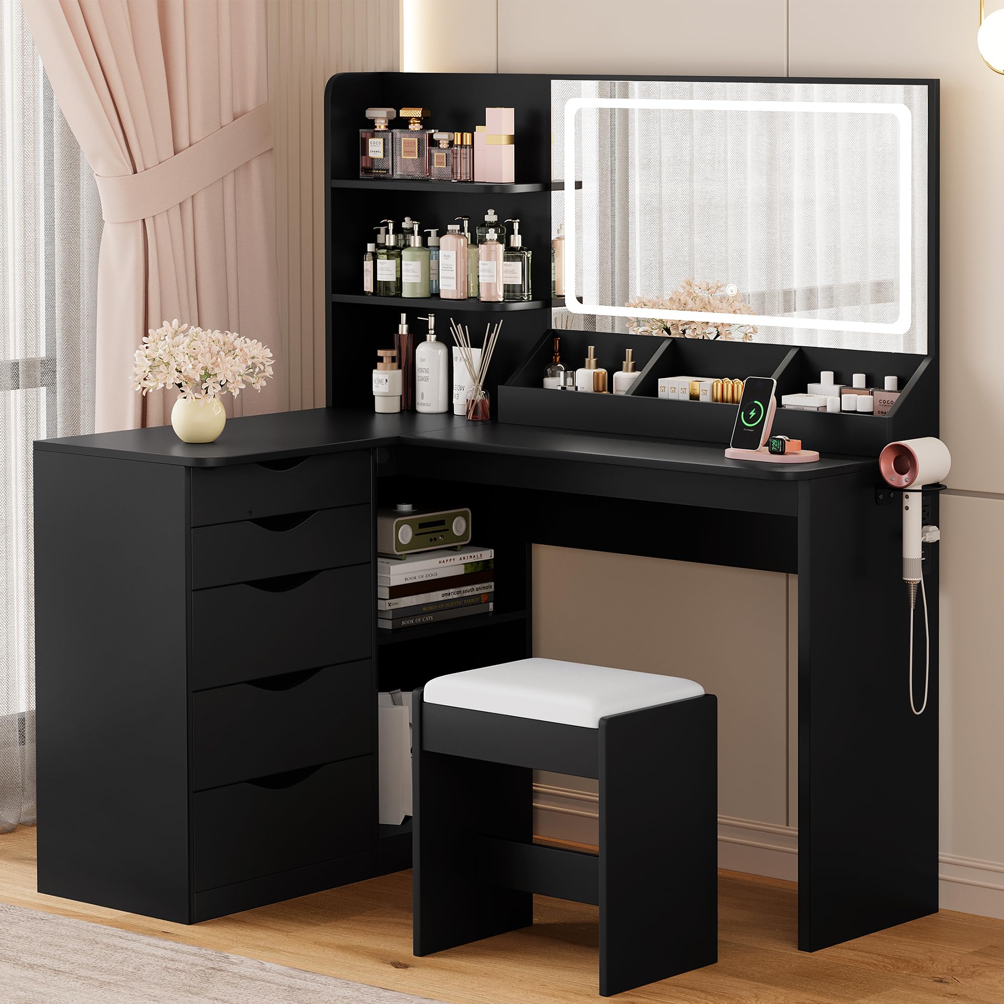 YESHOMY Vanity Desk with Lights and Mirror, L Shaped Makeup Table, Dresser with Hairdryer Holder and Power Outlet, Adjustable 3 