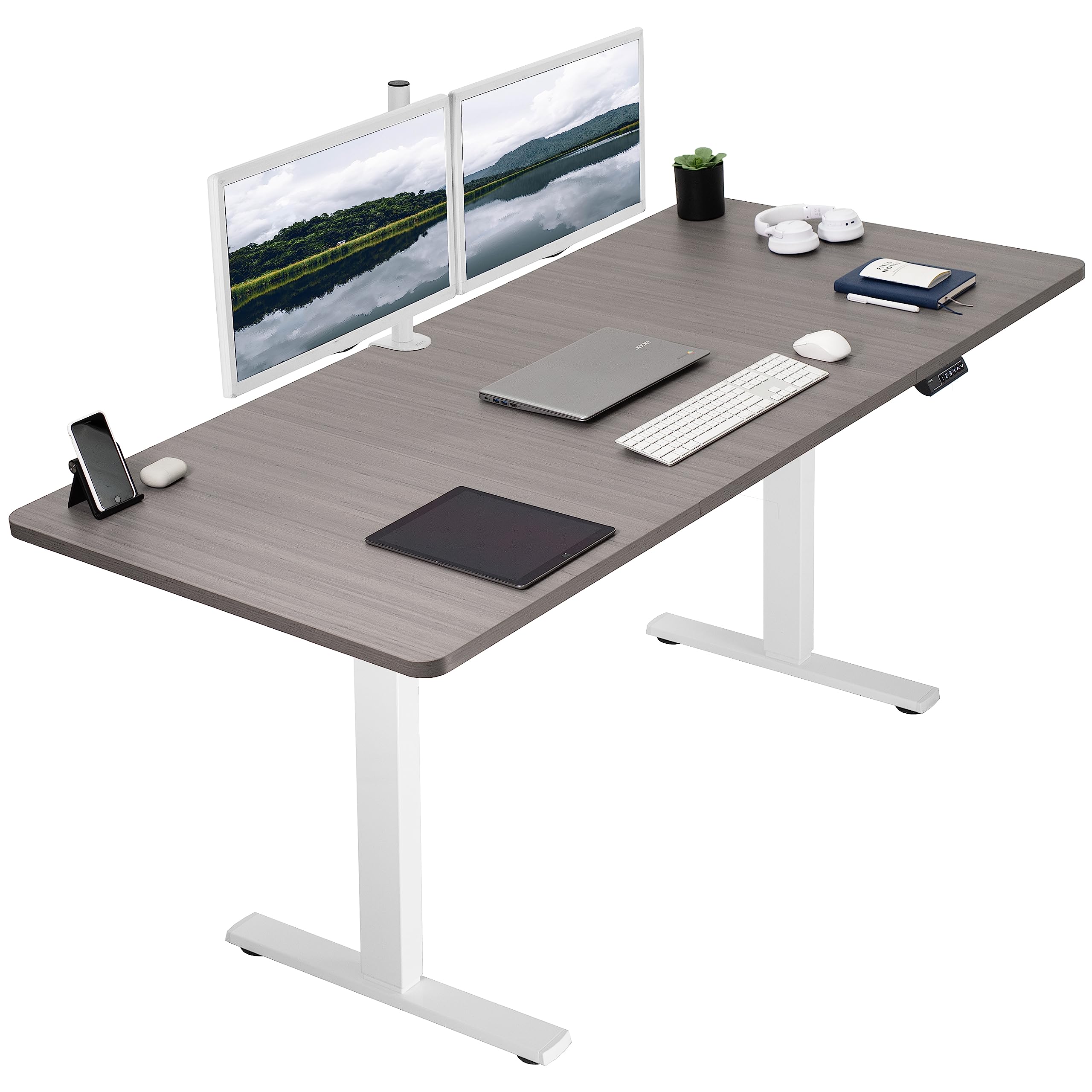 VIVO Electric Height Adjustable 71 x 36 inch Memory Stand Up Desk, Extra Deep Dark Gray Table Top, White Frame, Standing Worksta