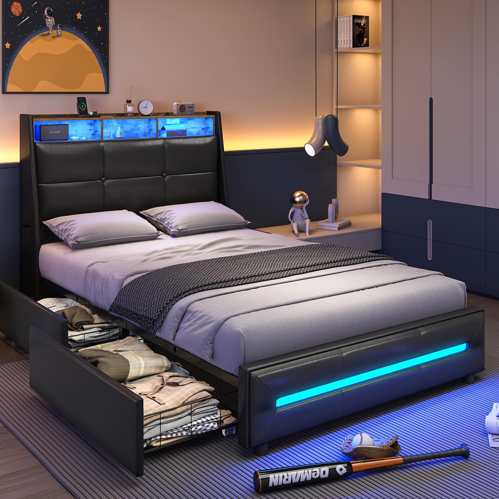 MSmask Twin Bed Frames with 4 Storage Drawers, Charging Station and LED Lights, Upholstered Bed Frame with Button Tufted Wingbac