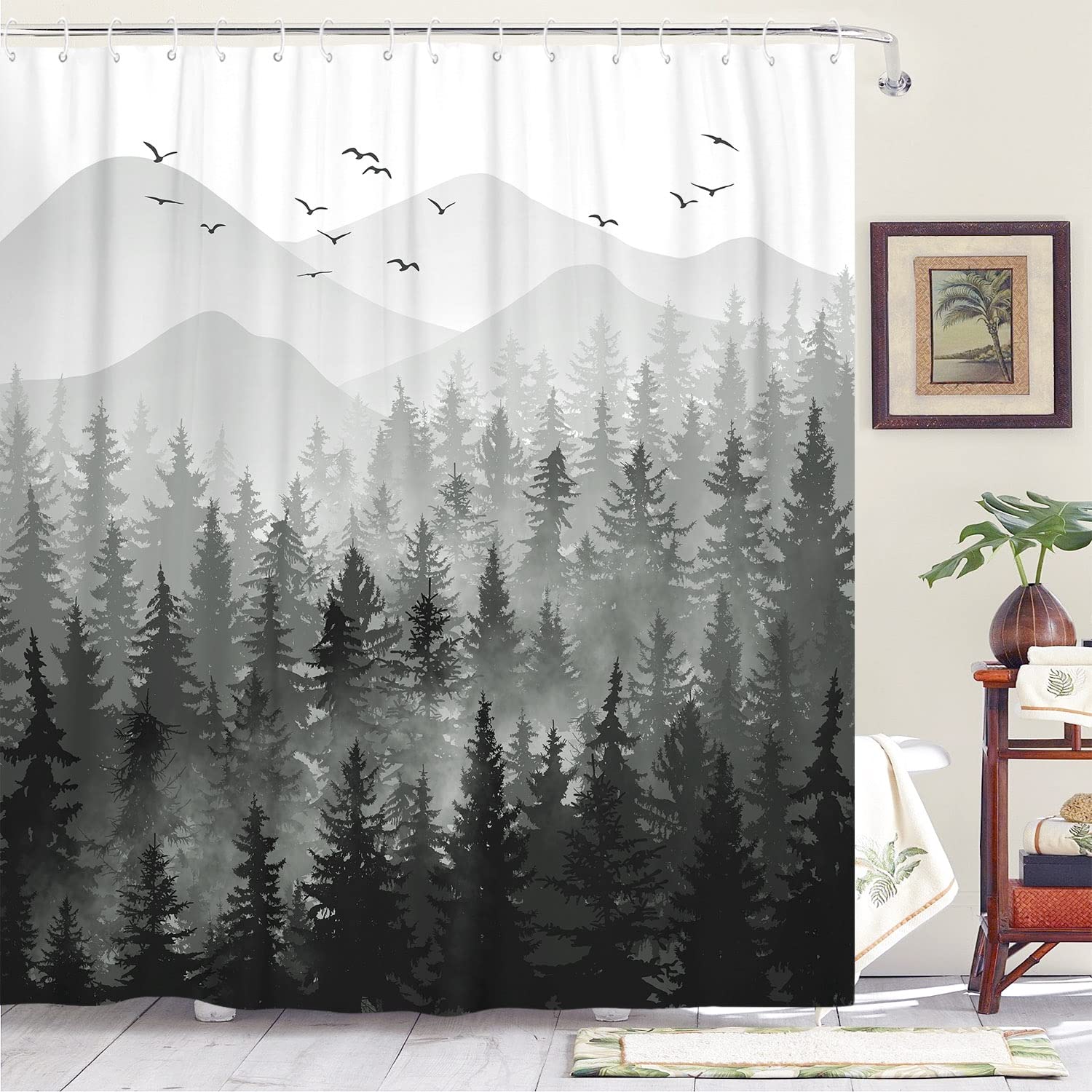 Accnicc Black and White Misty Forest Shower Curtain Set Grey Gray Ombre Waterproof Fabric Shower Curtains Nature Tree Mountain W