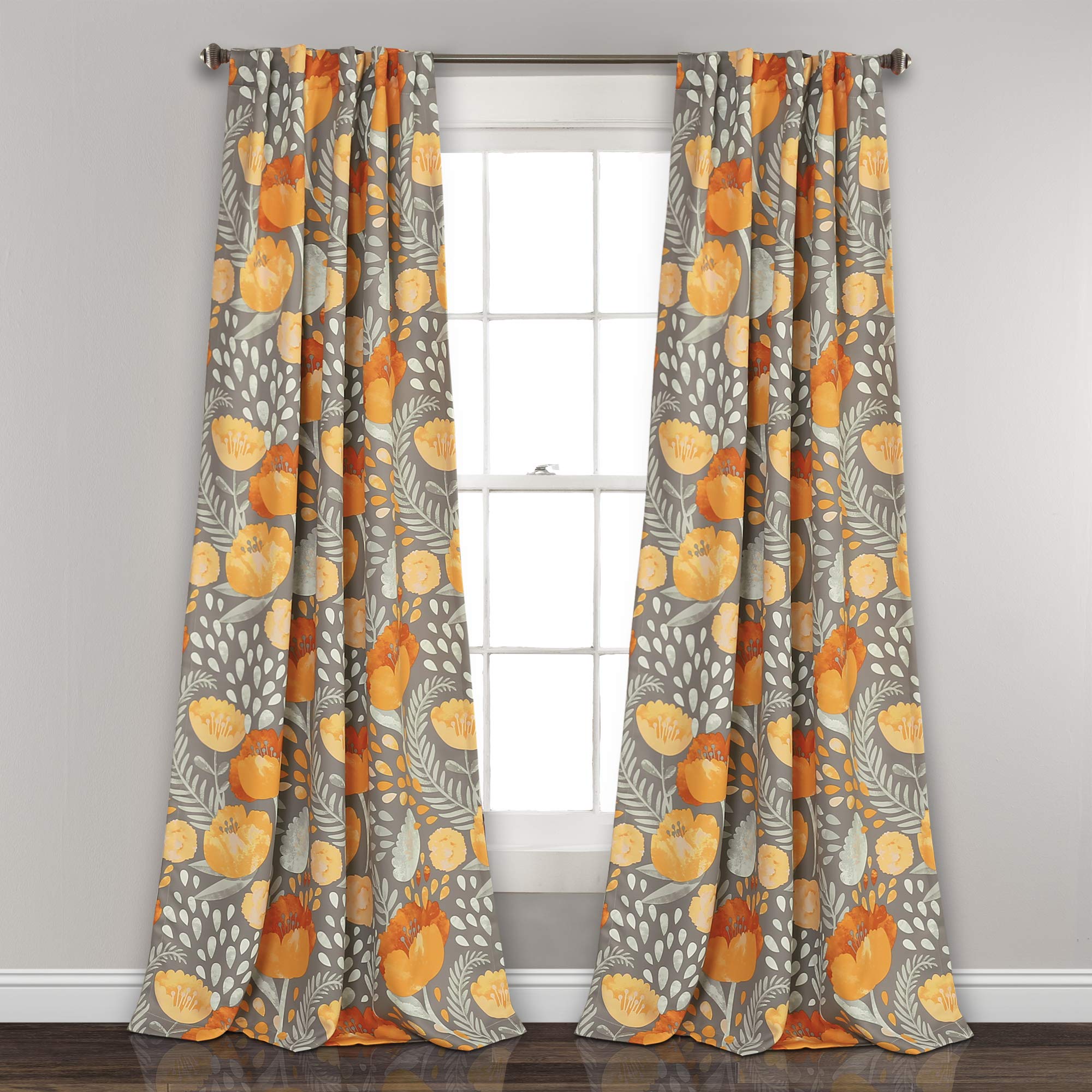 Lush Decor Poppy Garden Curtains Light Filtering Window Set for Living, Dining, Bedroom, 84 in L Panel Pair, Yellow & Gray