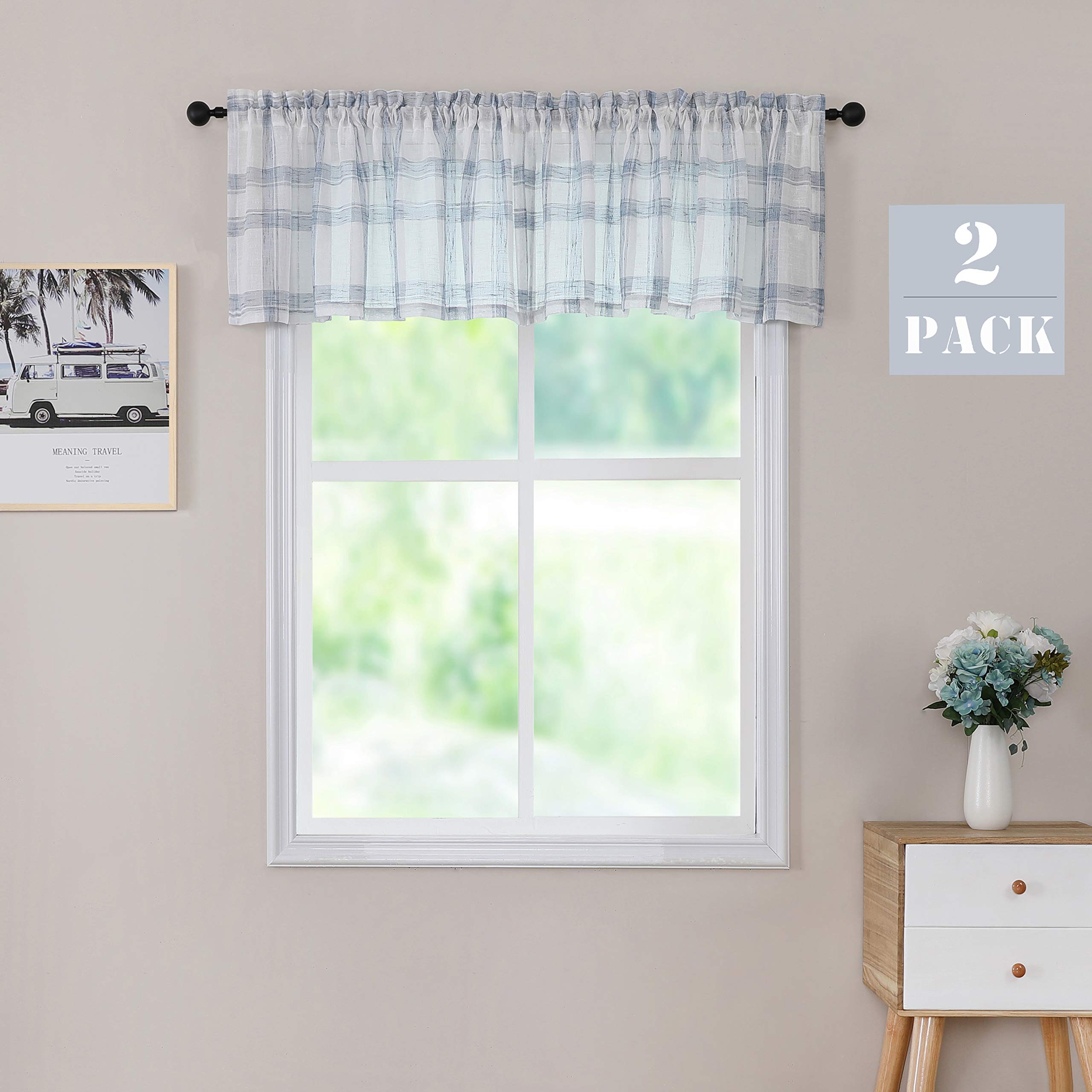White Blue Check Valance Curtain for Kitchen Linen Blend Semi Sheers Rod Pocket Rustic Farmhouse Style Window Treatment Drape, 2