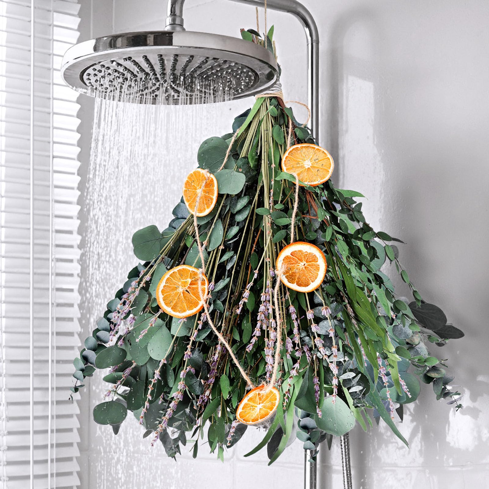 DomeStar Eucalyptus for Shower with Lavender, 15-17 Mixed Stems (1 Pack) - Dried Orange Slices & Hook, Bathroom Hanging Decor,