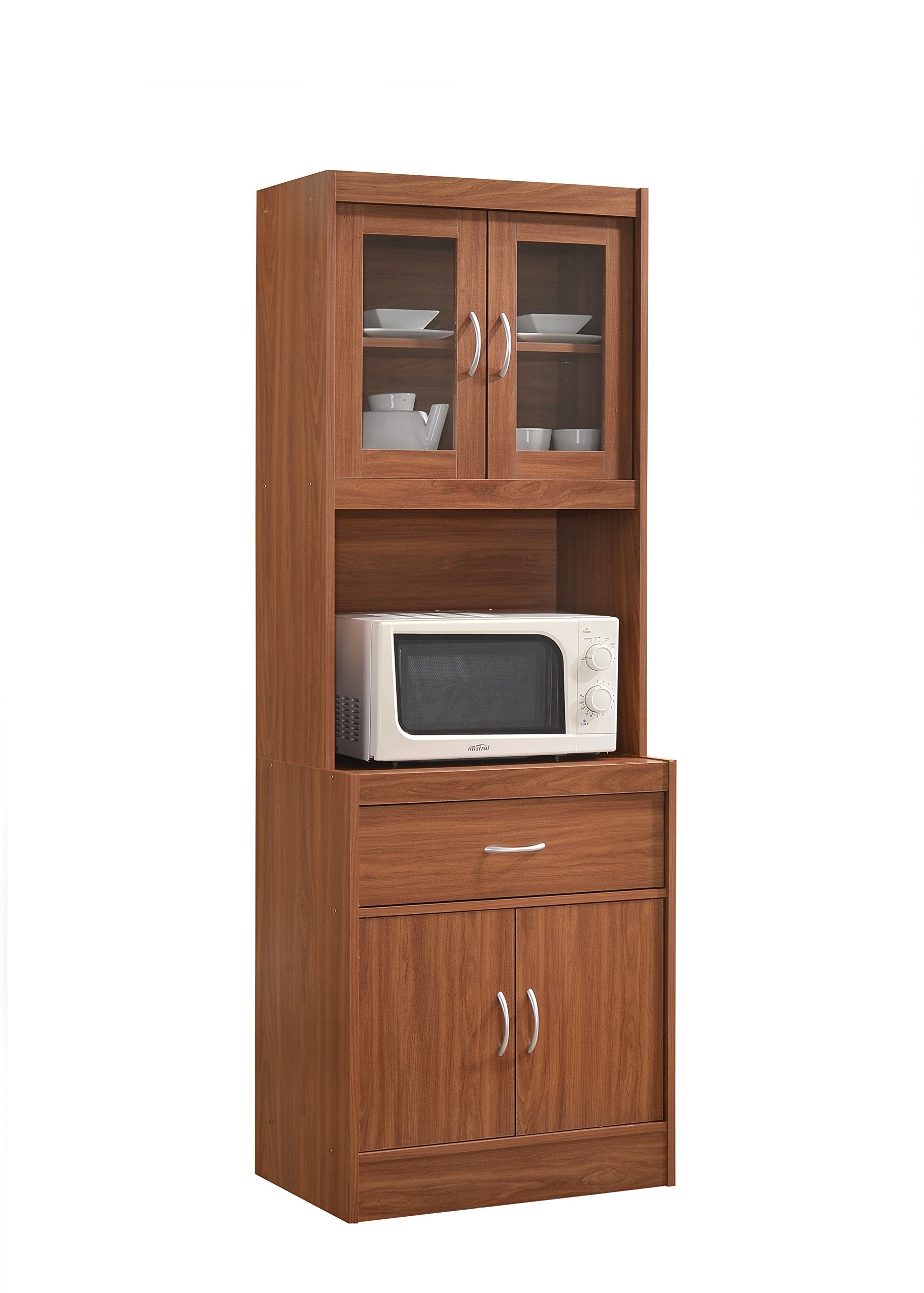 Hodedah Long Standing Kitchen Cabinet with Top & Bottom Enclosed Cabinet Space, One Drawer, Large Open Space for Microwave, Cher
