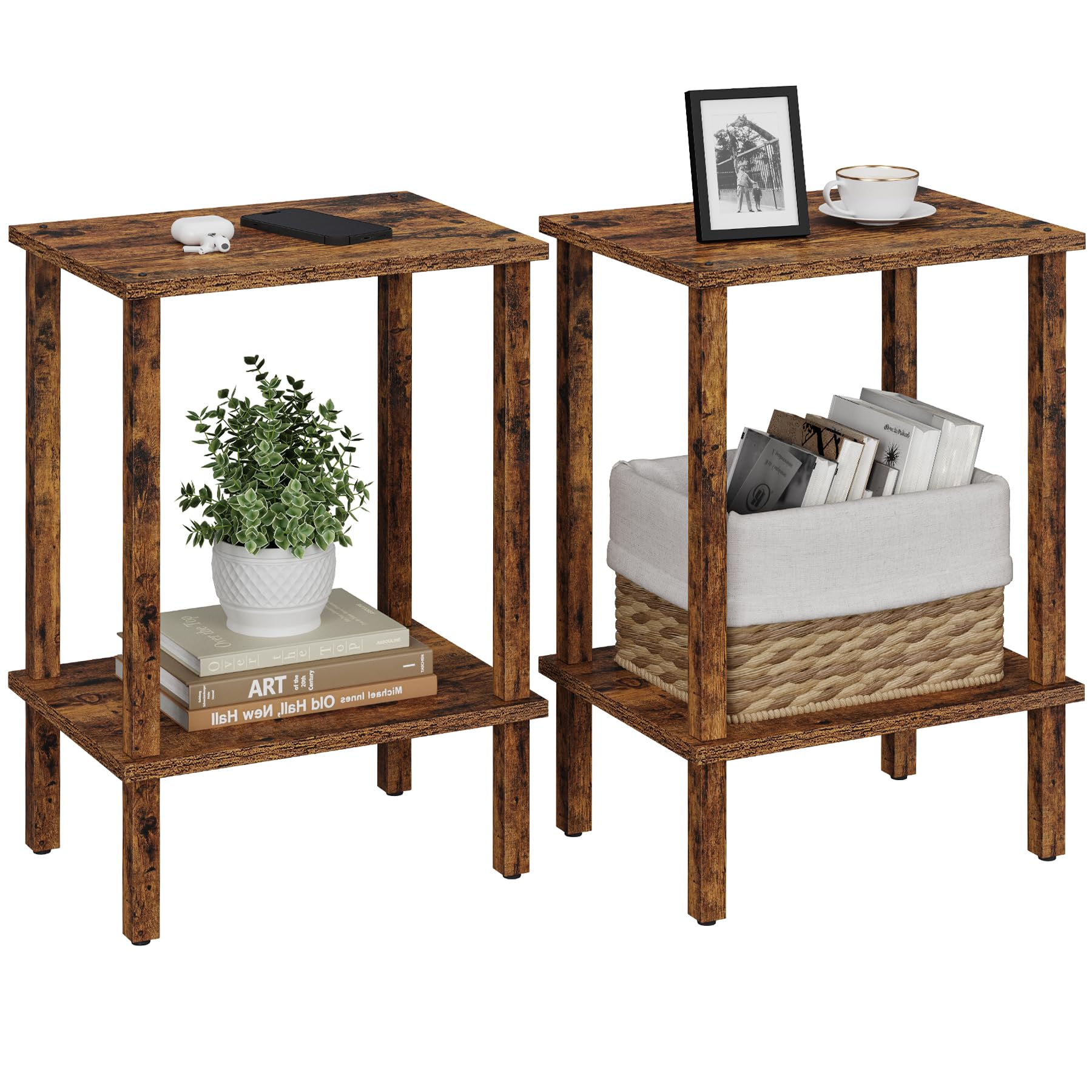 TUTOTAK End Table, Set of 2, Side Table, Nightstand, 2-Tier Storage Shelf, Sofa Table for Small Space, Living Room, Bedroom, Bro