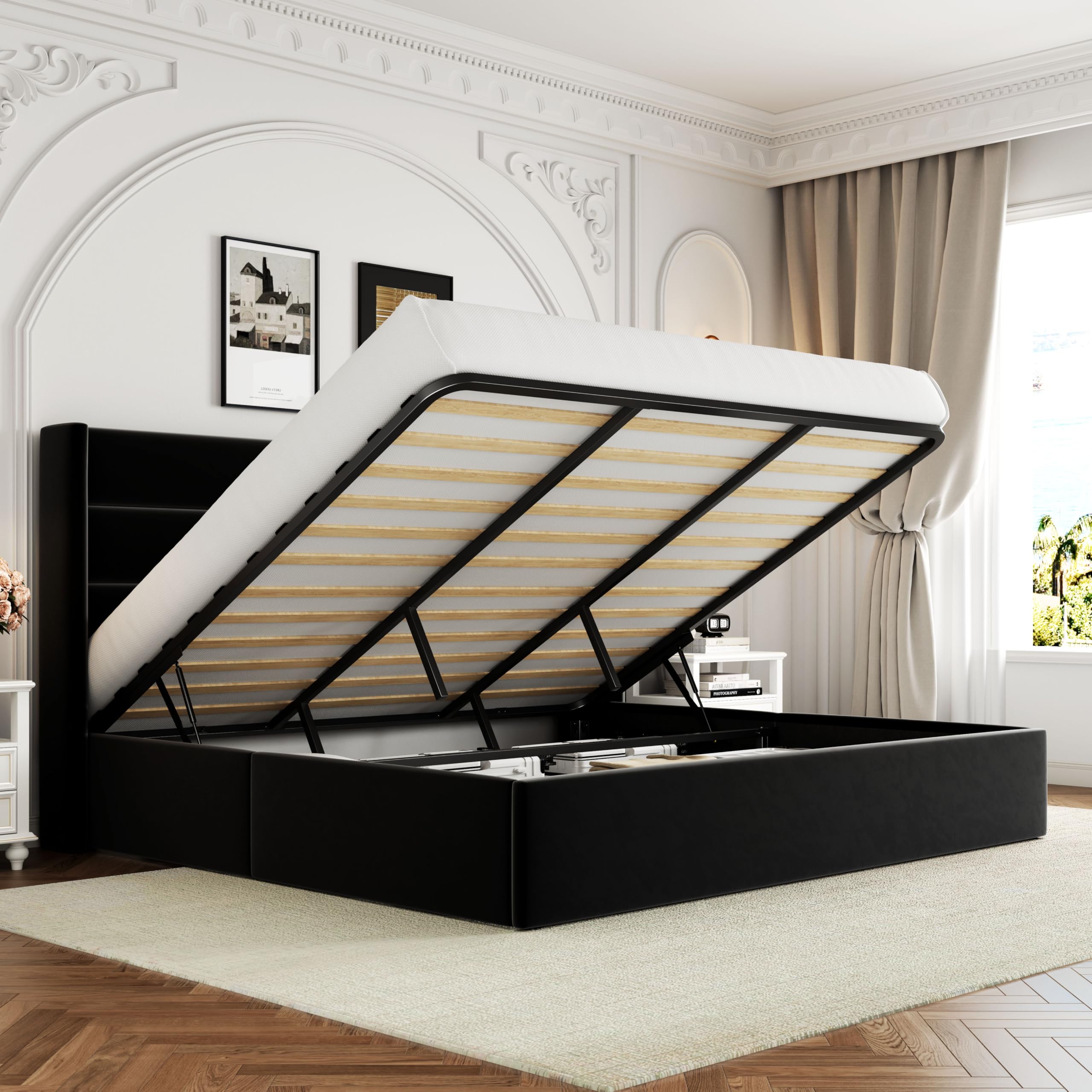 Allewie King Size Velvet Lift Up Storage Bed, Modern Wingback Headboard, Hydraulic Storage, No Box Spring Needed, Black