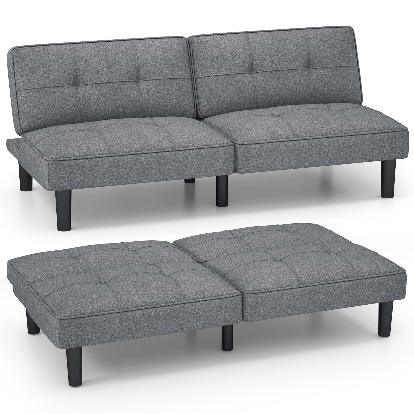 KOMFOTT Convertible Futon Sofa Bed, Upholstered Folding Linen Sleeper Couch with 6-Position Adjustable Backrest, Thick Cushion, 