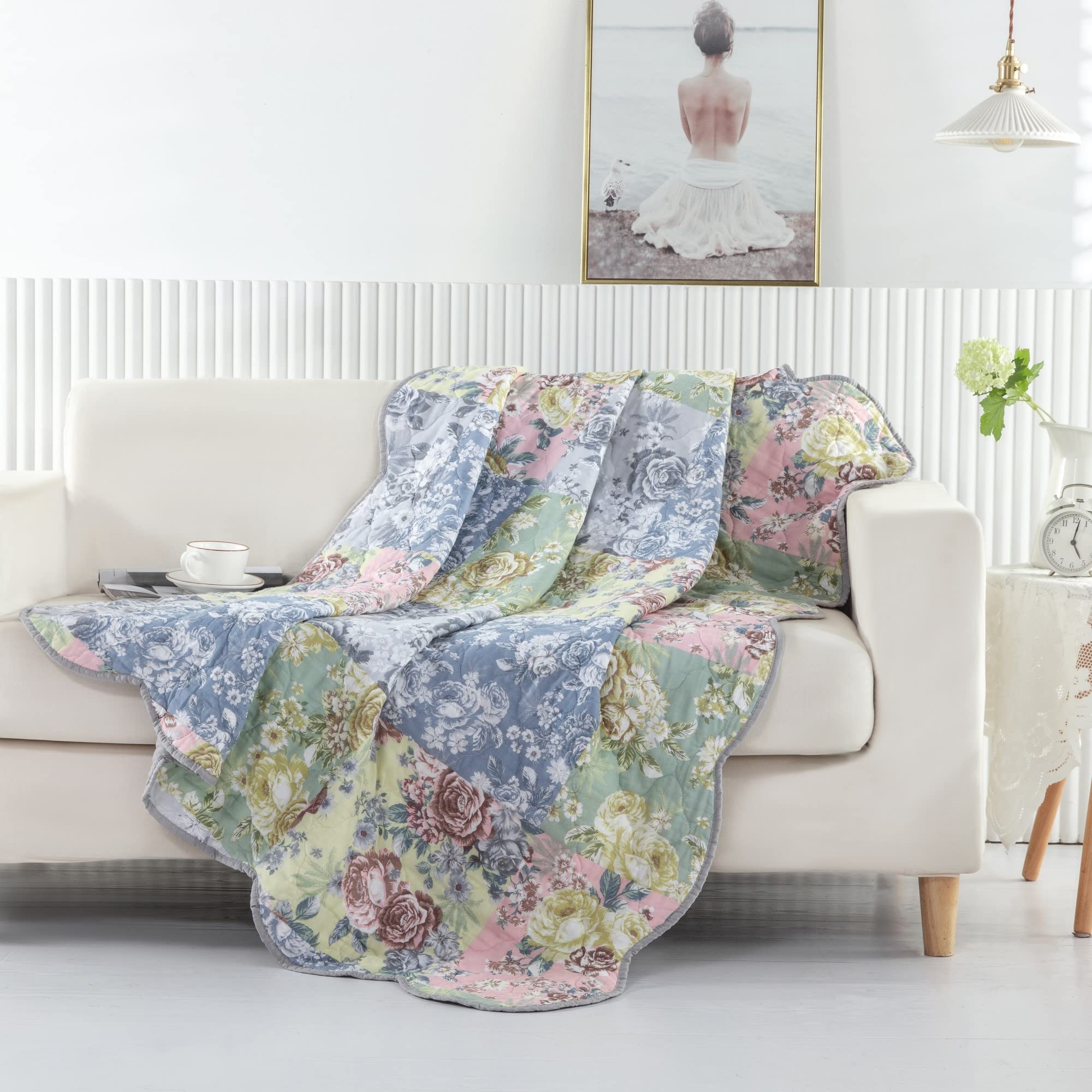 Greenland Home Emma Patchwork Floral Print Quilted Throw Blanket, 60x50-inch, Gray