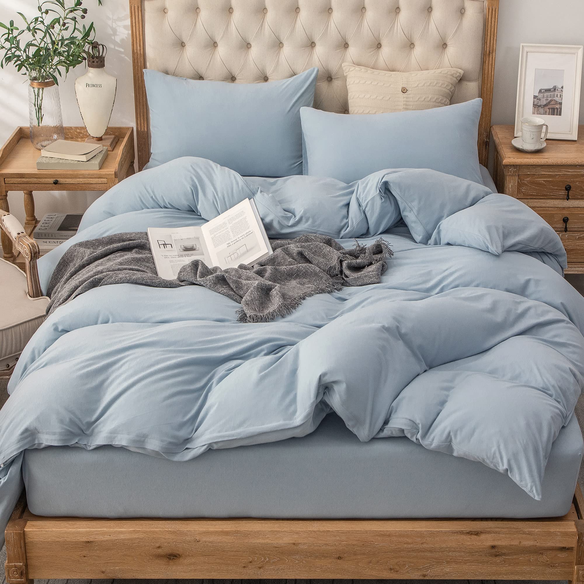 PURE ERA Jersey Knit Duvet Cover Set 100% T-Shirt Cotton Super Soft Comfy 3pc Bedding Set with Zipper Closure (Solid Light Blue,