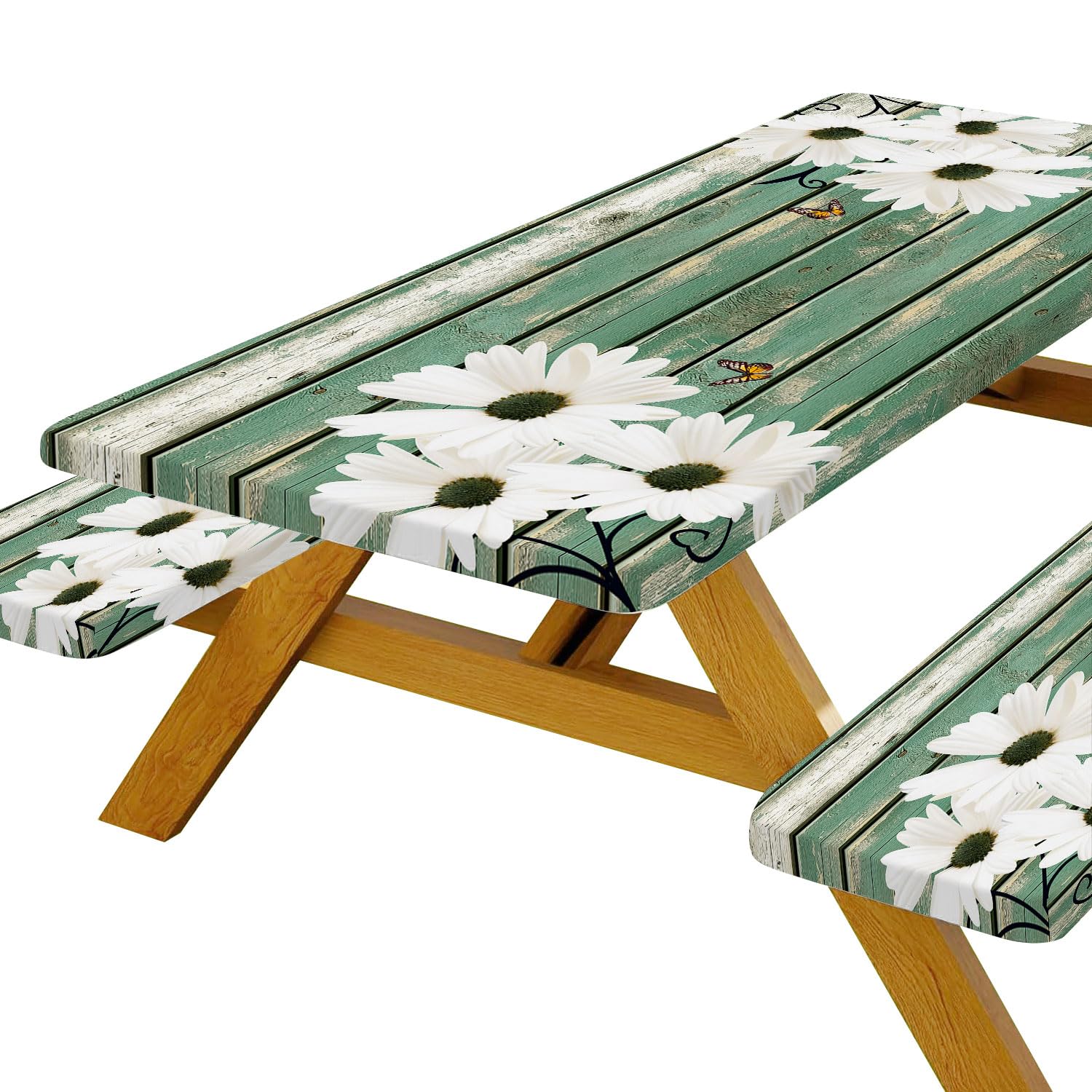 BSRAMZ Picnic Table Cover with Bench Covers Daisy Flowers Wooden Floral Waterproof Windproof Fitted Outdoor Tablecloth with Elas