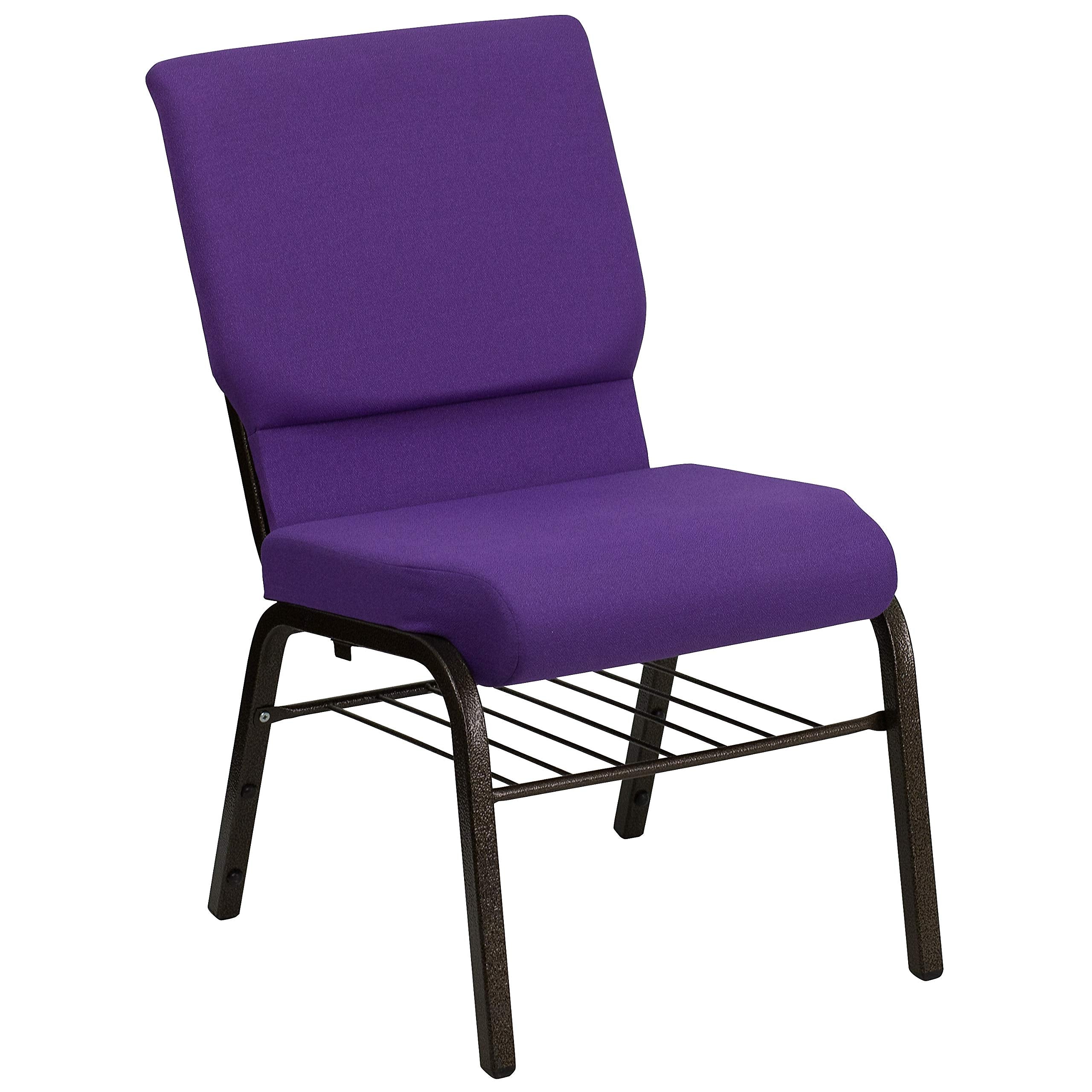 Flash Furniture HERCULES Series 18.5W Church Chair in Purple Fabric with Book Rack - Gold Vein Frame