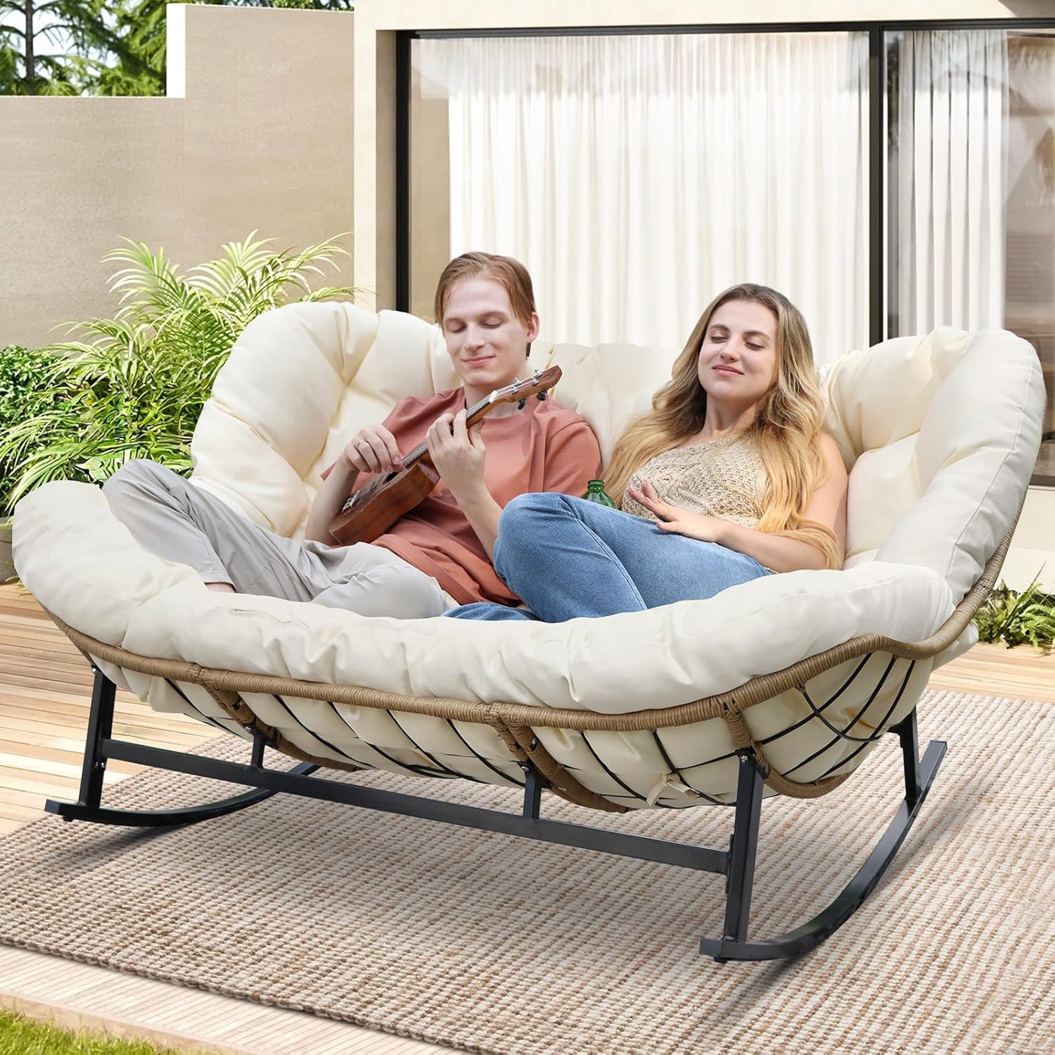 RADIATA Double Egg Rocking Chair for 2, Oversized Rattan Recliner Loveseat with Padded Cushion, 700 Lbs Heavy Duty Comfy Large P