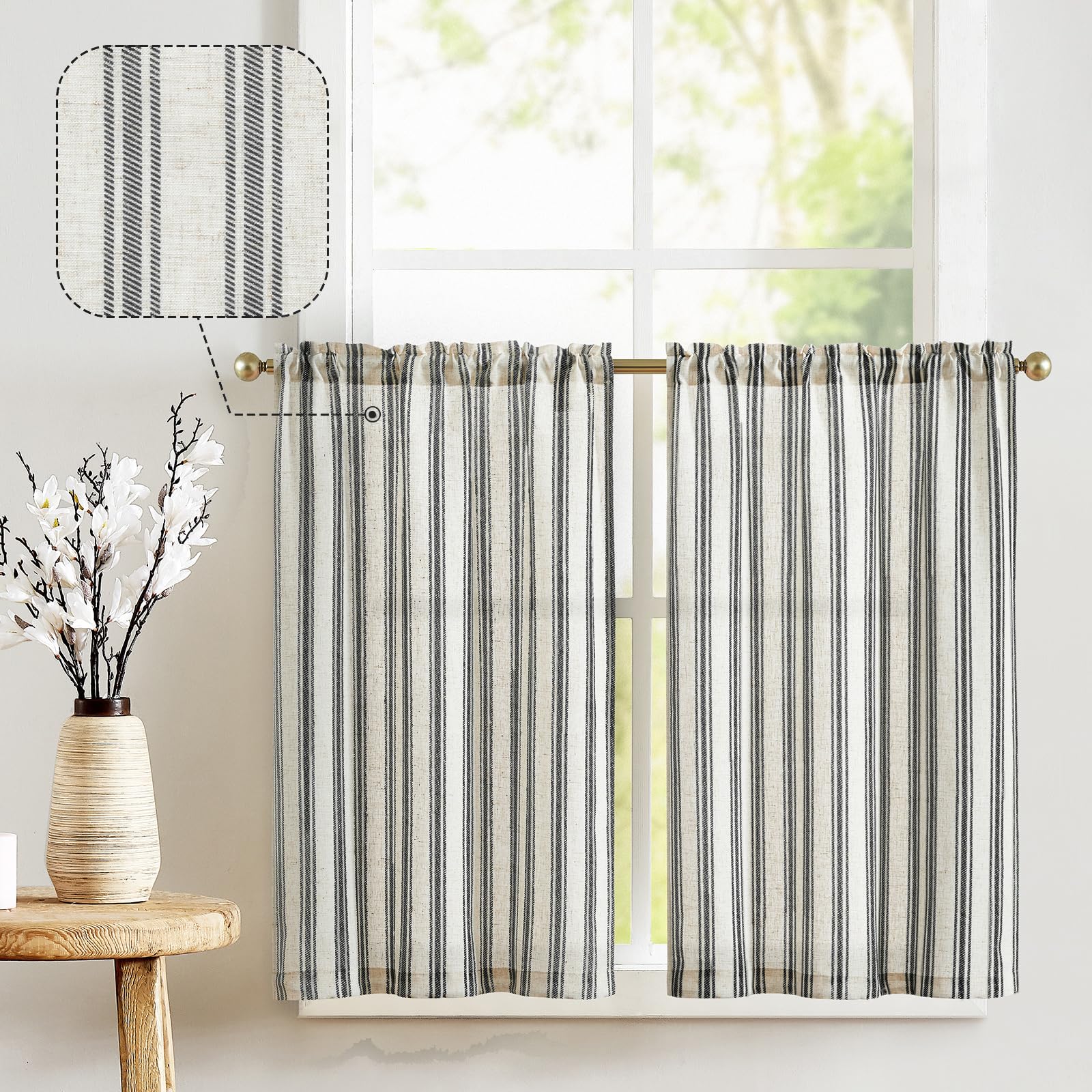 jinchan Striped Linen Kitchen Curtains 24 Inch Tiers Cafe Curtains Farmhouse Small Drapes for Windows Short Balanced Stripe Half