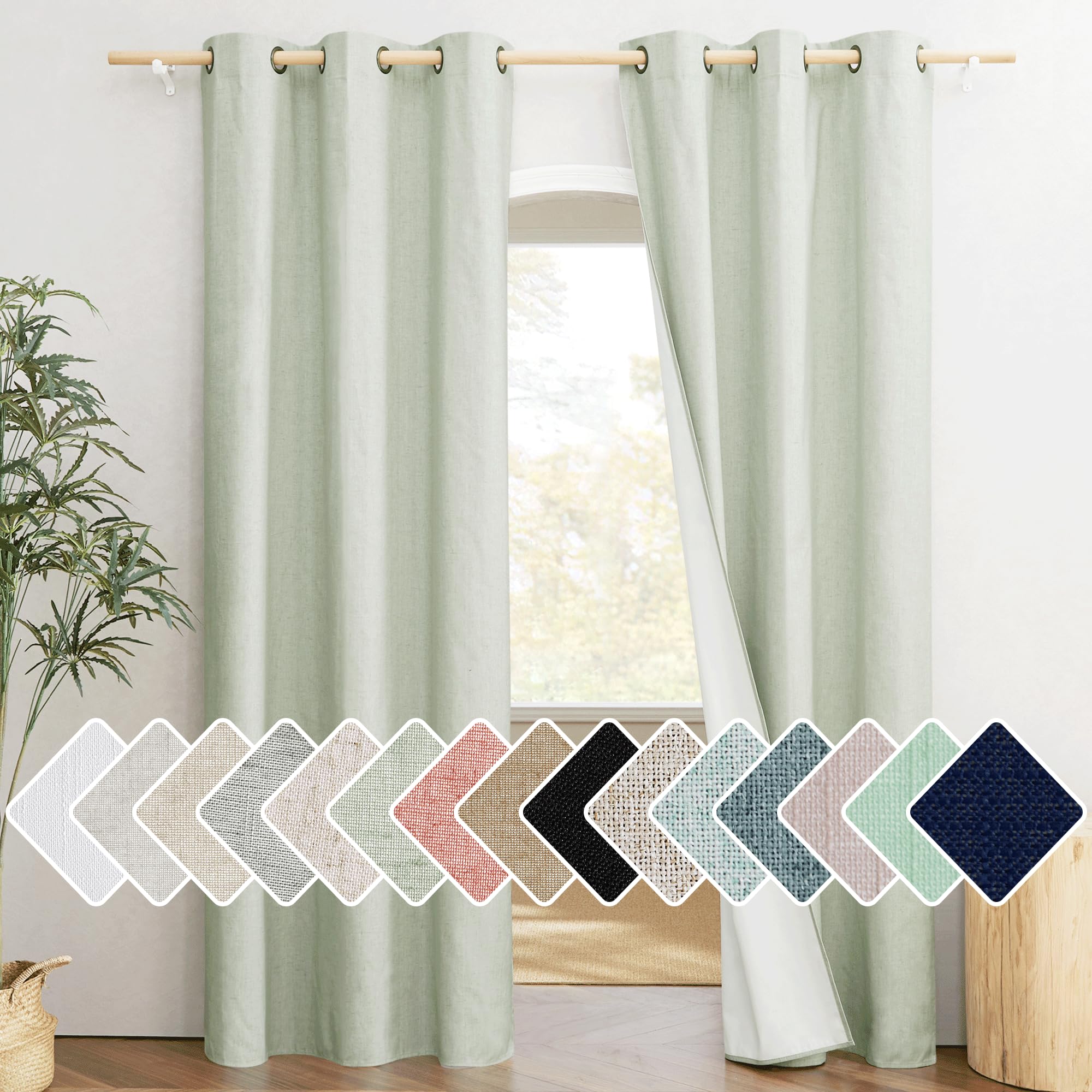 NICETOWN Sage Green 100% Blackout Linen Texture Curtains 84 inches Long 2 Panels for Boys Room, Thermal Insulated Full Blackout