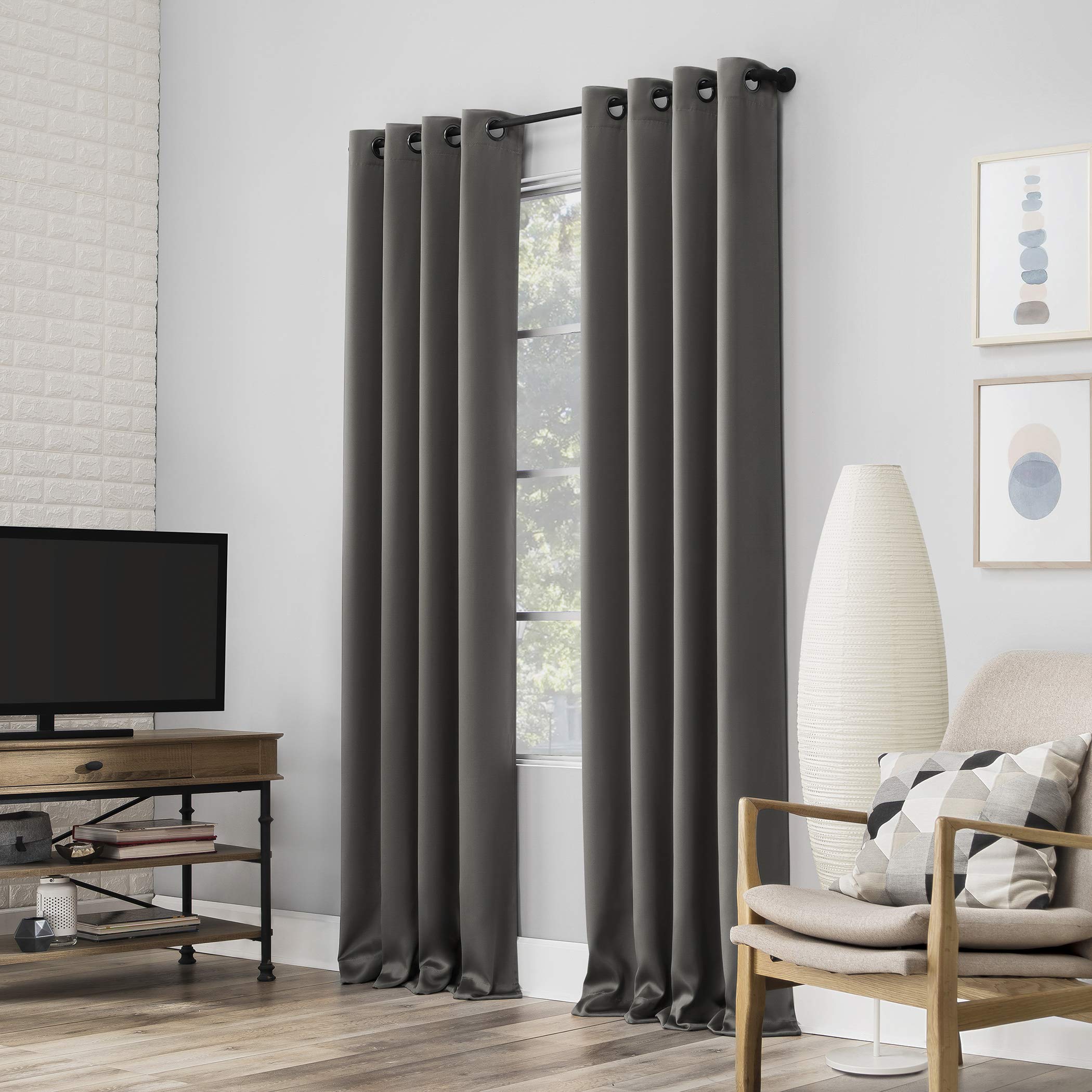 Sun Zero Nordic 2-pack Theater Grade Extreme 100% Blackout Grommet Curtain Panel Pair, 52 x 96, Gray