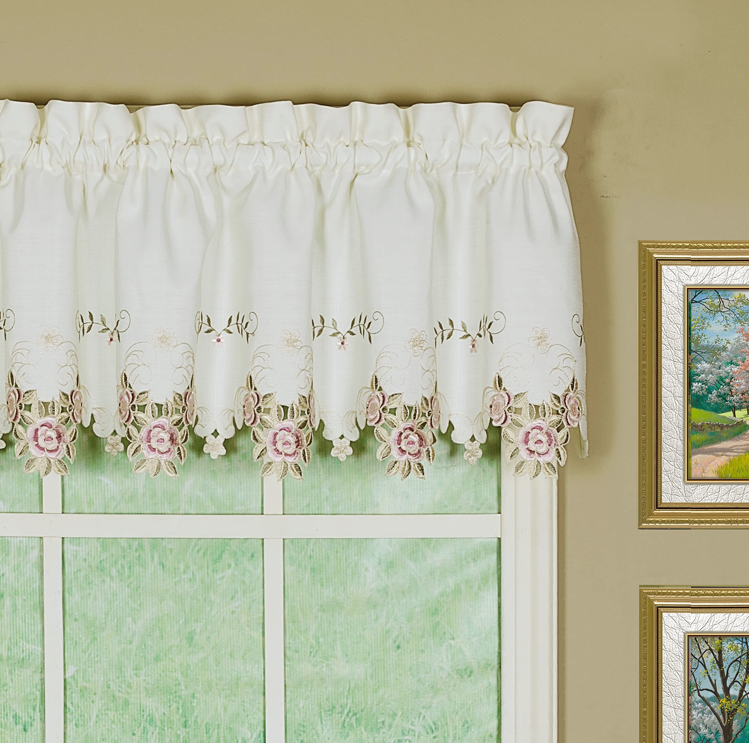 Todays Curtain Verona Reverse Embroidery Valance, 14, Ecru/Rose