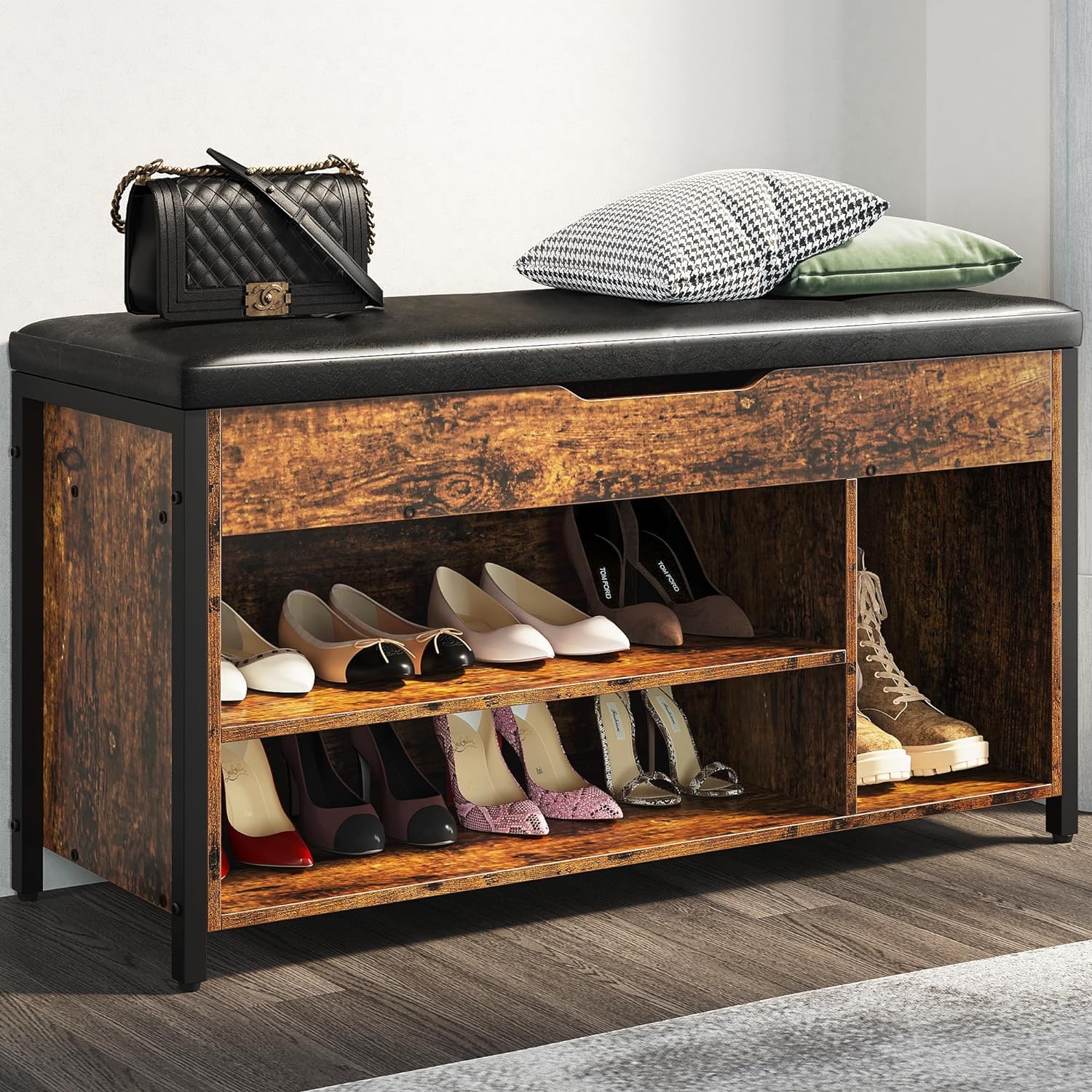 astimey Shoe Bench, Lift Top Shoe Storage Bench, Adjustable Shelf Entryway Bench, Metal and Wood Shoe Rack Organizer with Cushio