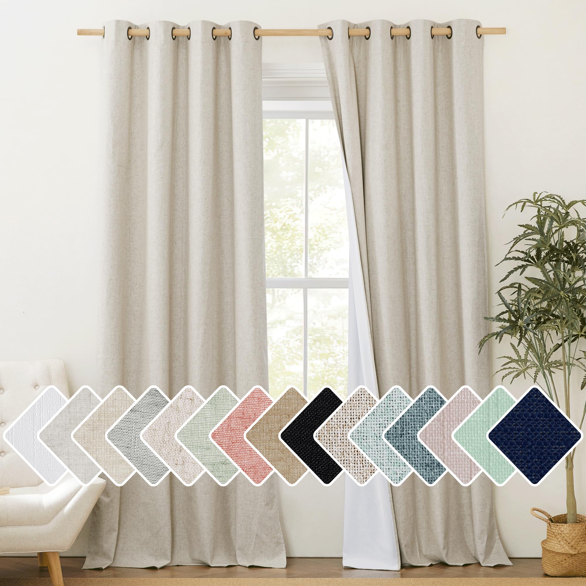NICETOWN 100% Blackout Natural Linen Curtains 95 inches Length for Dining Room, 2 Panels Set, 52 Wide, Farmhouse Style Room Warm