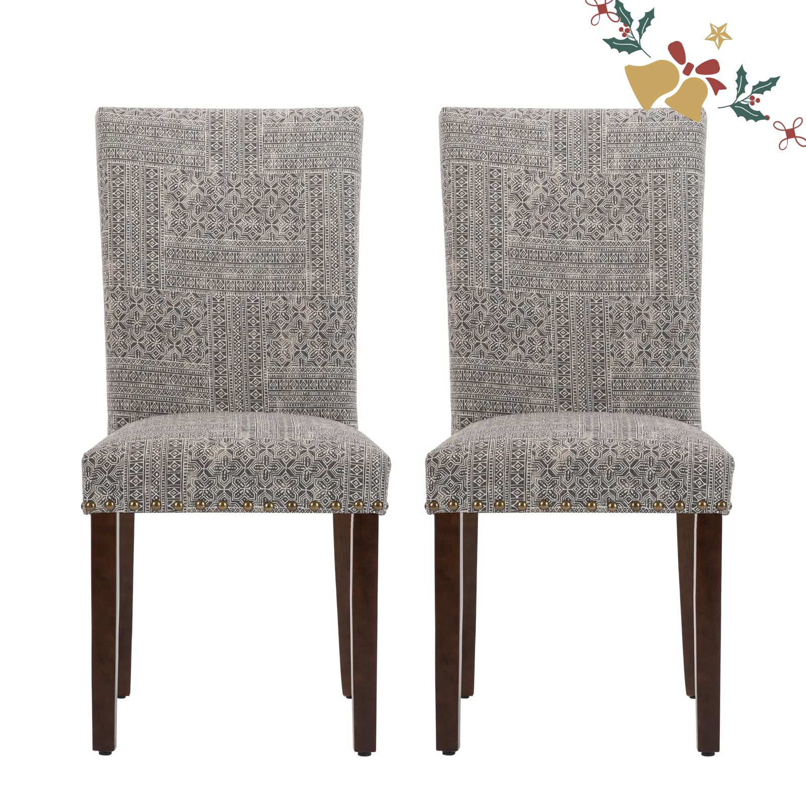 Parsons Dining Chairs Set of 2, Upholstered Nailhead Dining Room Kitchen Side Chair with Thick Cushions and Wood Legs, Black/Whi