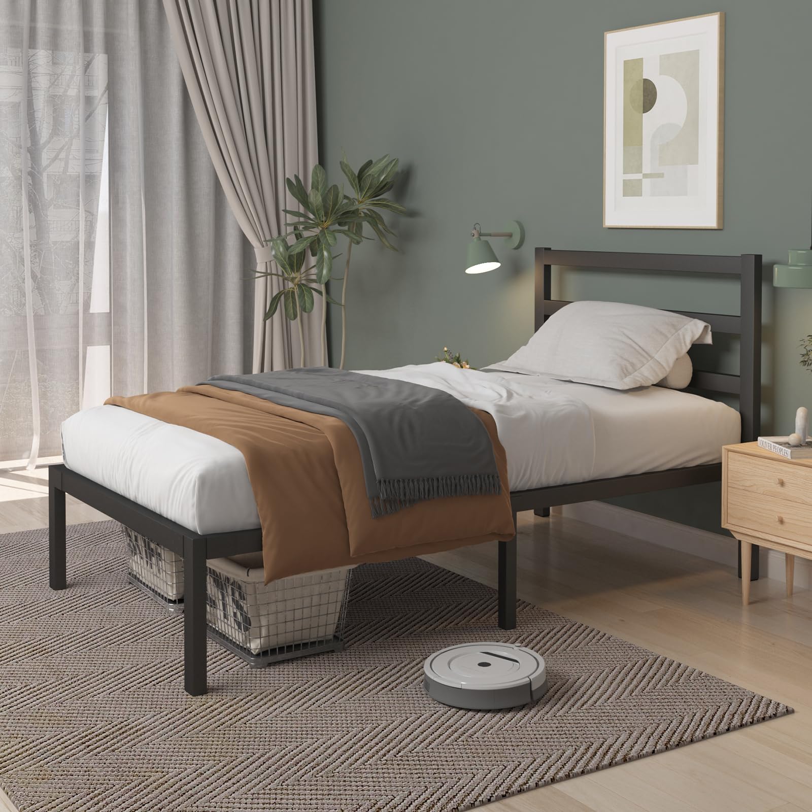 LoVinson Twin Size Metal Platform Bed Frame with Wood Slats, Classic Style Headboard and Footboard/Under Bed Storage/Mattress Fo