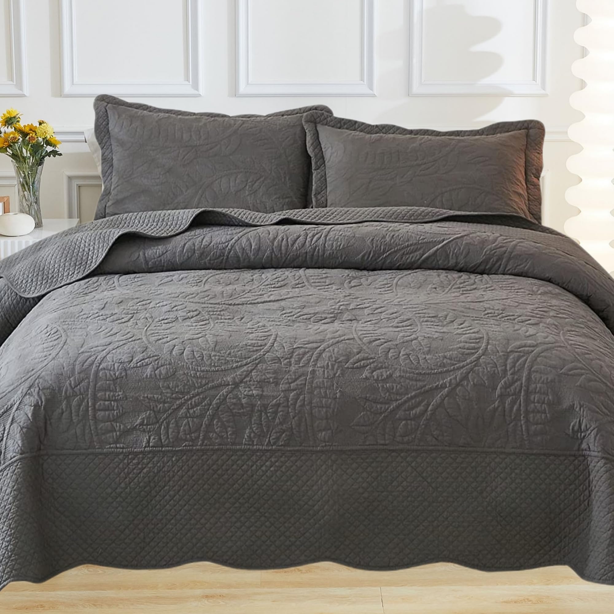 MarCielo 3-Piece 100% Cotton Oversized Bedspread Lightweight Quilt Coverlet Embroidery Farmhouse Bedding Set T0 (Dark Grey, Over