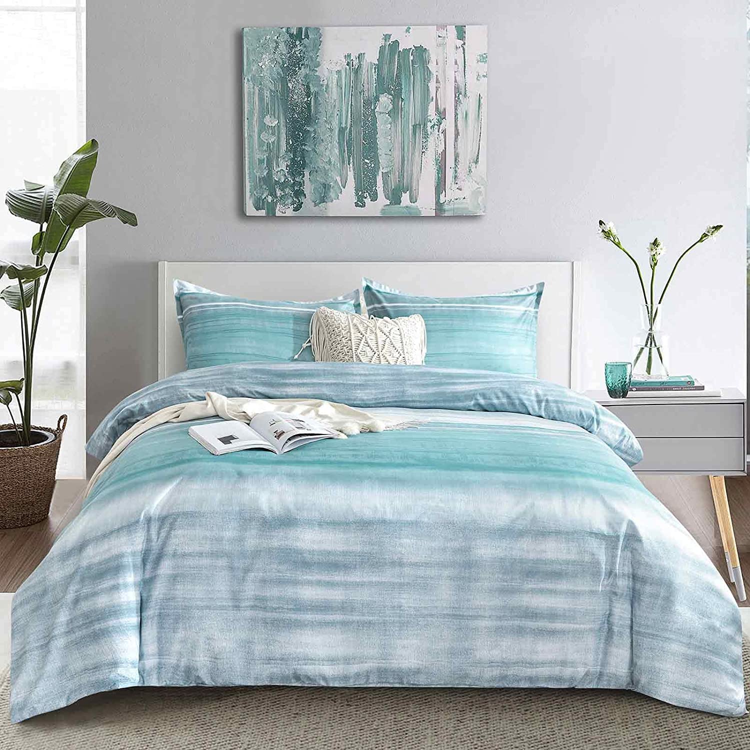 ETDIFFE Teal Duvet Cover Queen Size, 3pc Modern Grey and Blue Gradient Striped Microfiber Comforter Cover Set, Farmhouse Soft an
