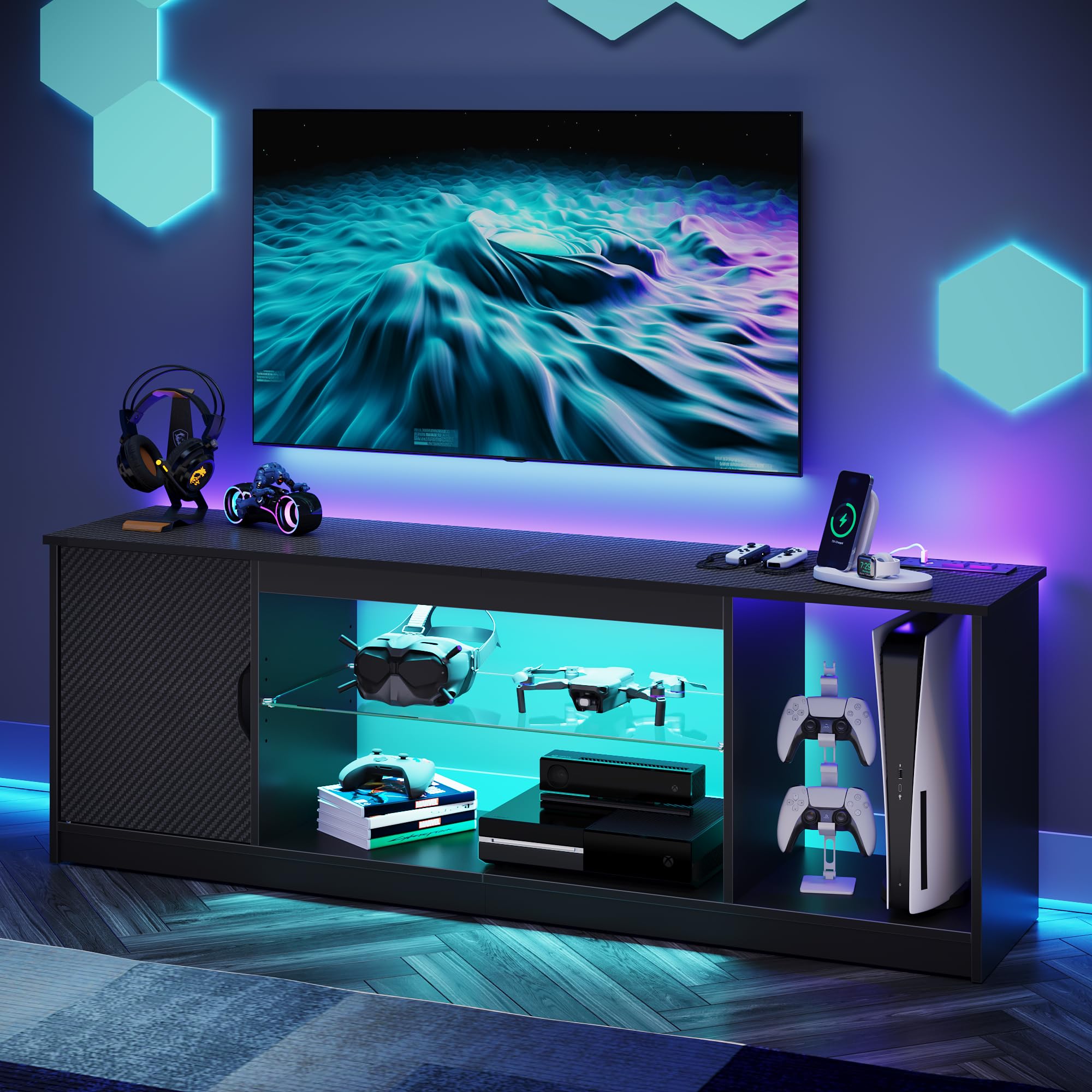 Bestier LED TV Stand with Power Outlets for 55/60/65 Inch TV, Gaming Entertainment Center with Cabinet for PS5, Modern TV Cabine