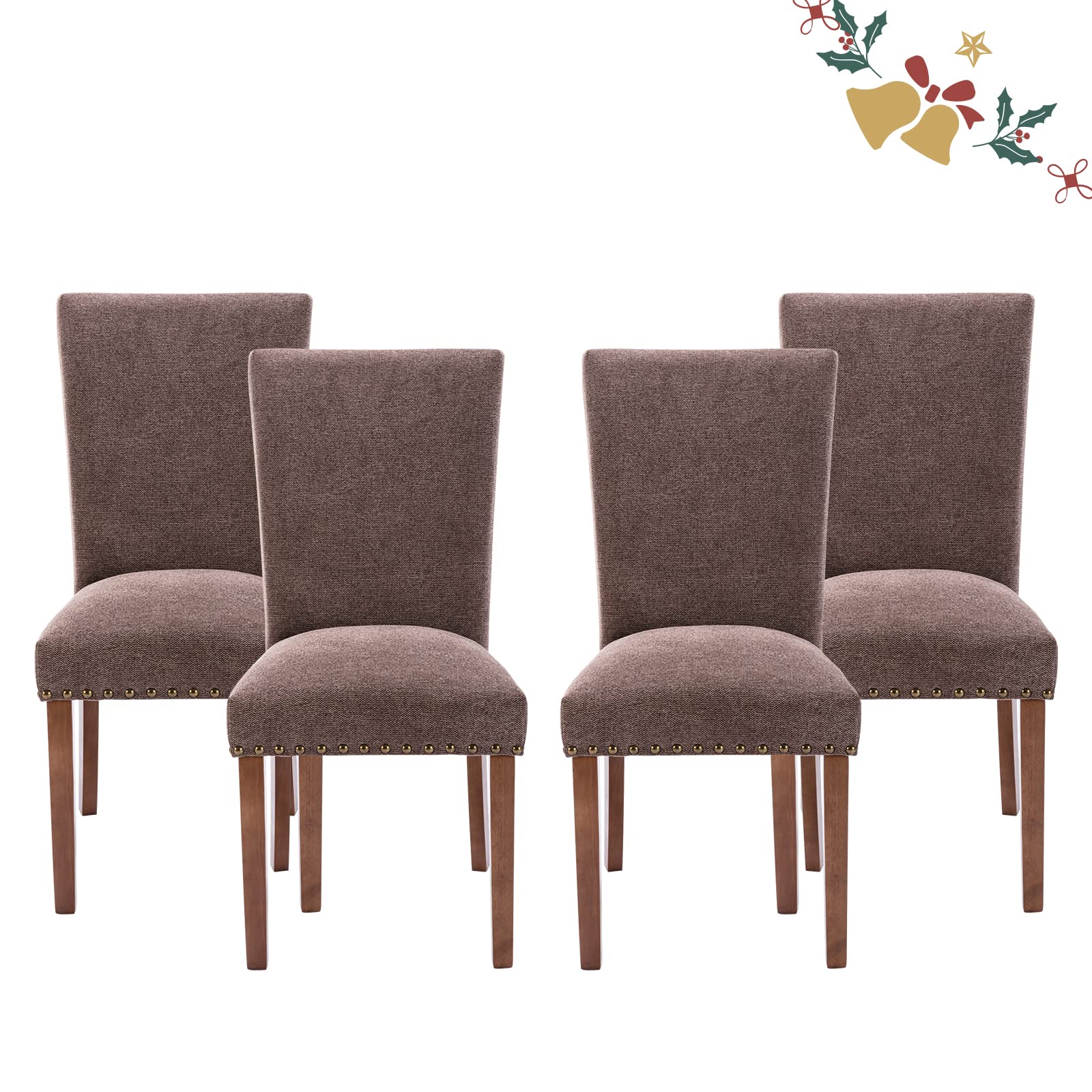 Parsons Dining Chairs Set of 4, Upholstered Nailhead Dining Room Kitchen Side Chair with Thick Cushions and Wood Legs, Brown