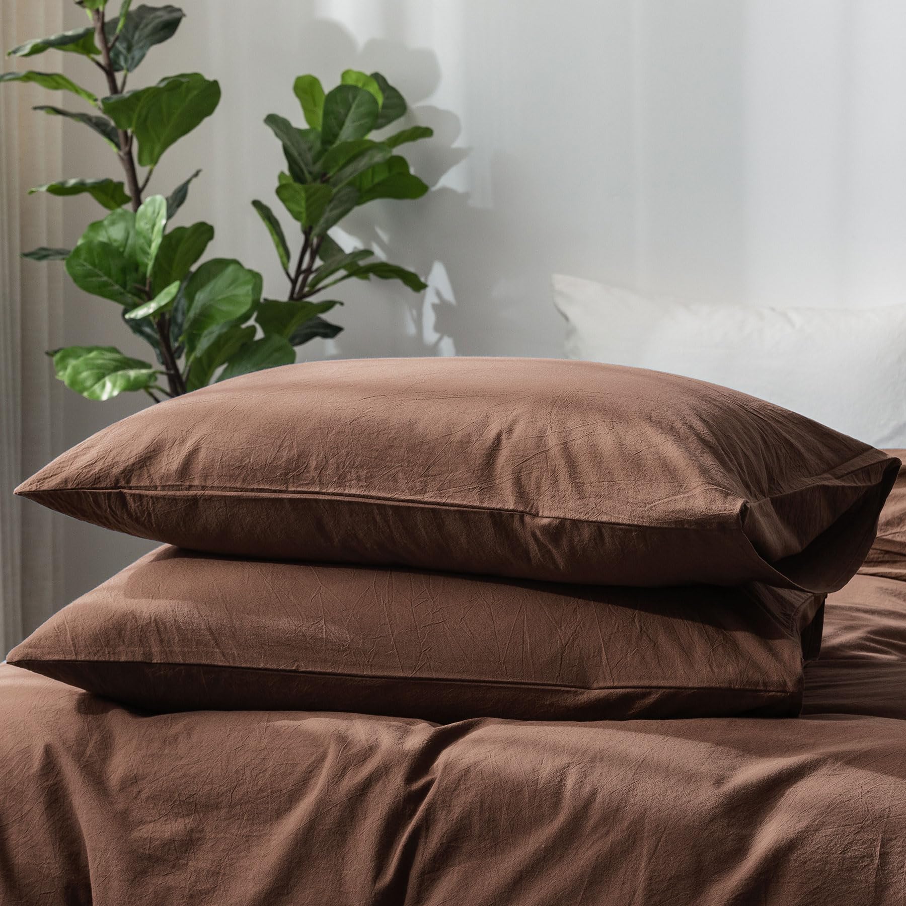 MooMee Bedding Pillowcases Pack of 2 100% Washed Cotton Linen Like Textured Breathable Durable Soft Comfy (Cocoa Brown, King)