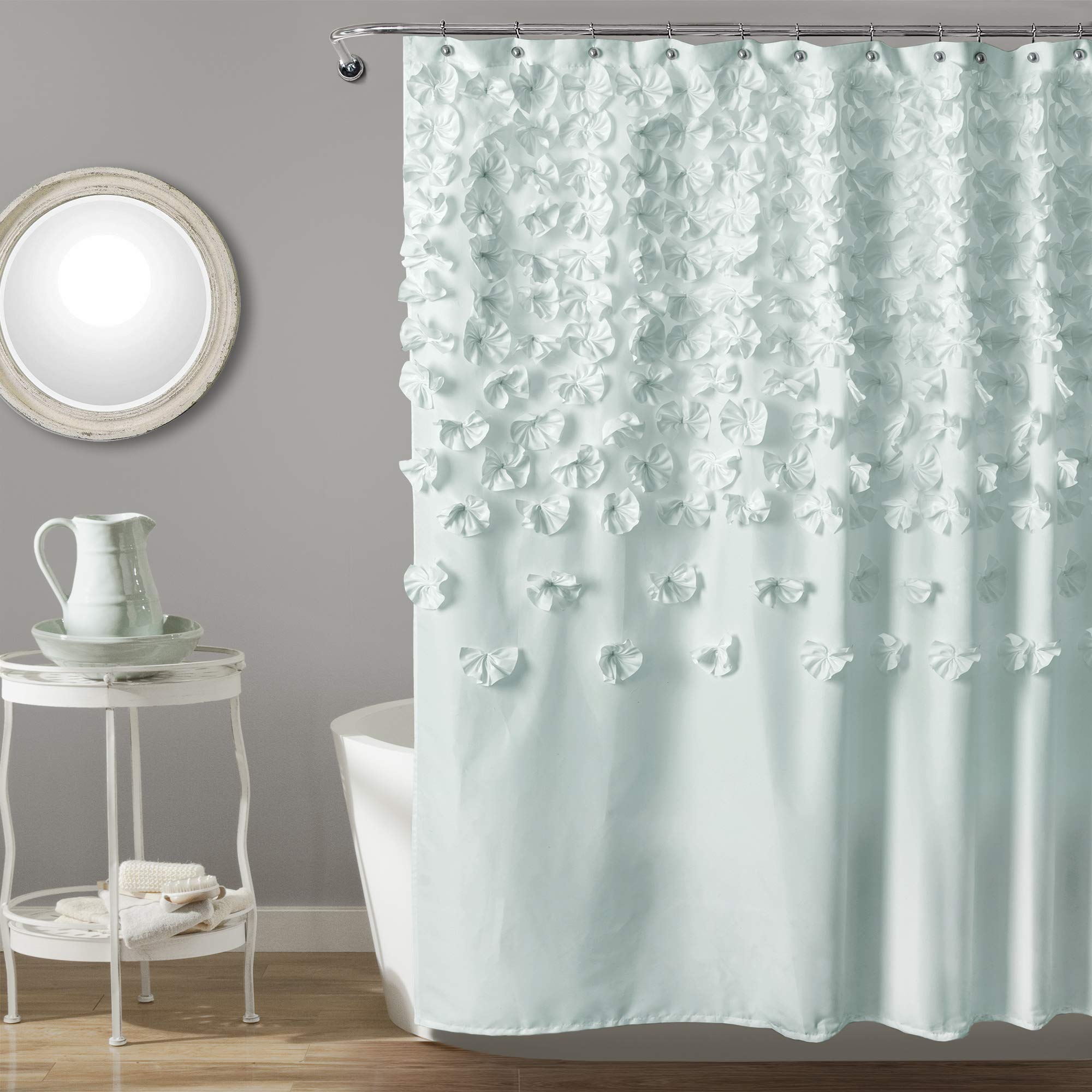 Lush Decor Lucia Shower Curtain - Fabric, Ruched, Floral, Textured Vintage Chic, Farmhouse Style Design, 72    x 72   , Blue