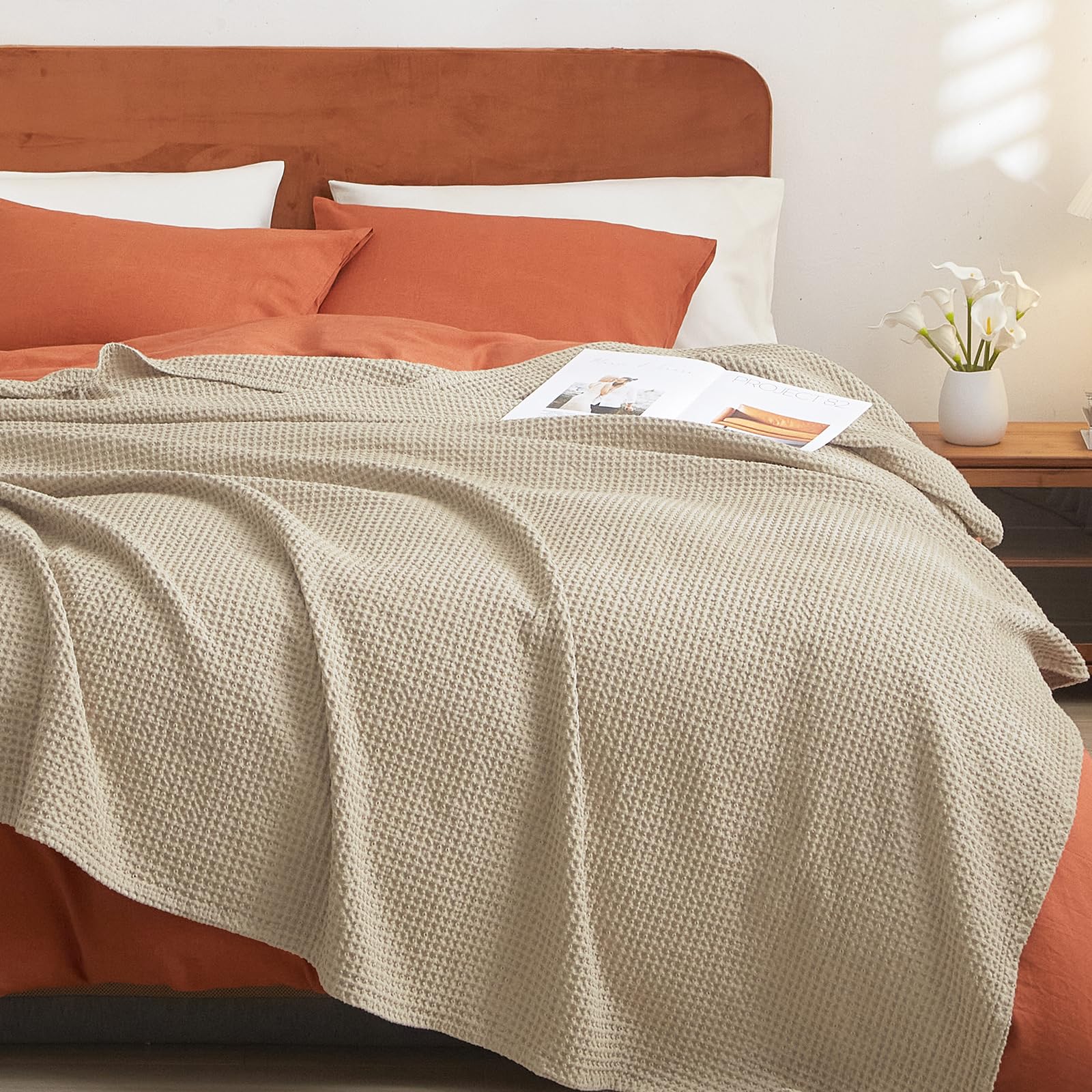 PHF 100% Cotton Waffle Weave Blanket King Size 104 x 90 - Lightweight Cozy Washed Soft Breathable Throw Blanket - Great Blanket 
