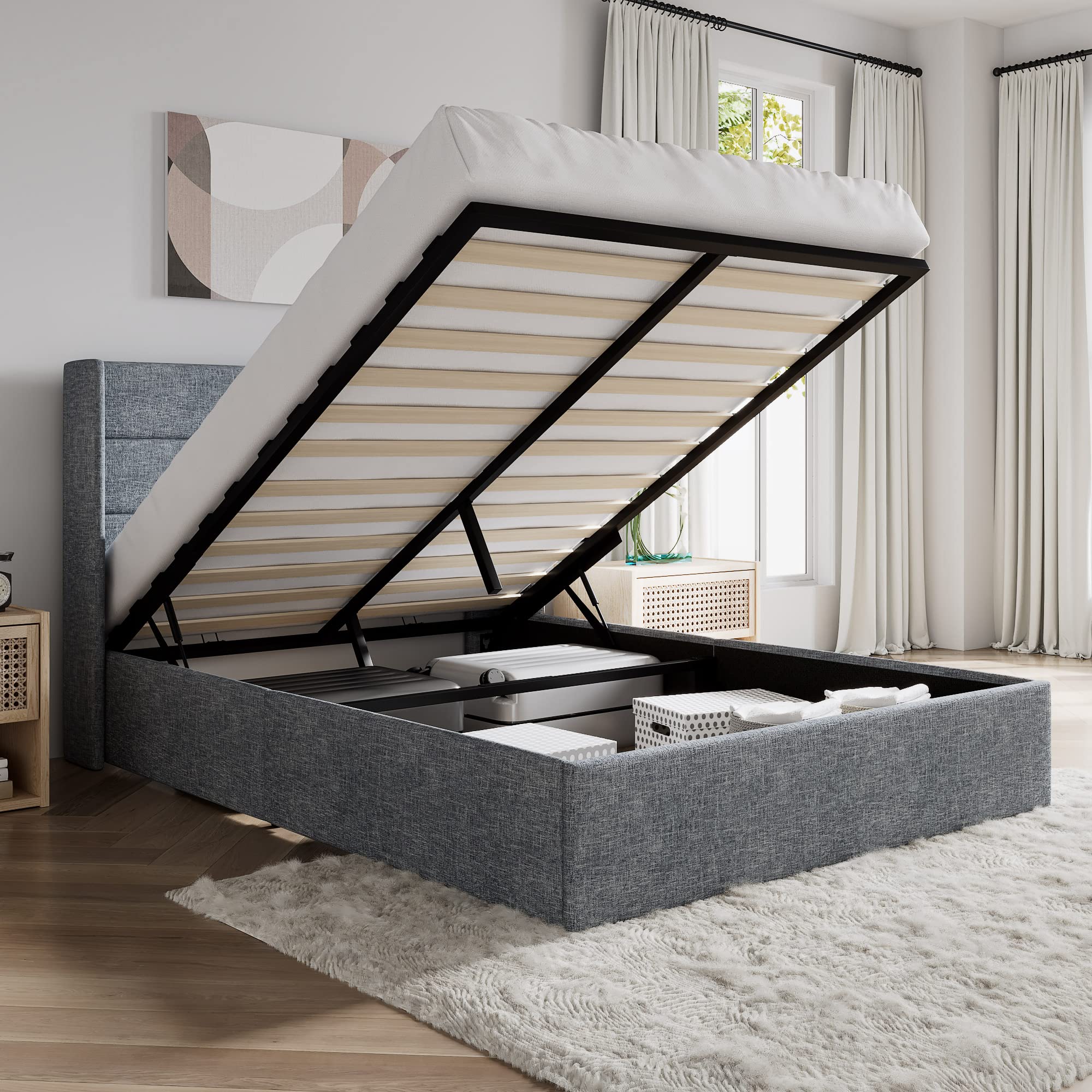 SHA CERLIN Queen Size Lift Up Storage Bed/Modern Wingback Headboard/Upholstered Platform Bed Frame/Hydraulic Storage/No Box Spri
