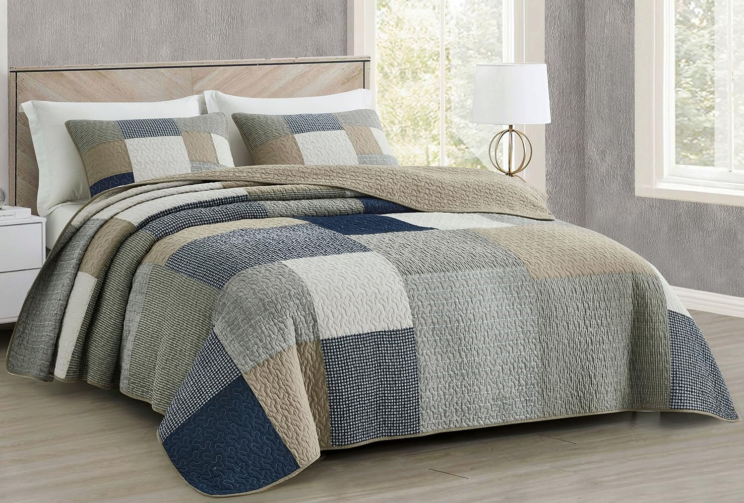Chezmoi Collection Addy 3-Piece Navy Blue White Gray Taupe Plaid Patchwork Quilt Set - Pre-Washed Cotton Quiltd Lightweight Reve
