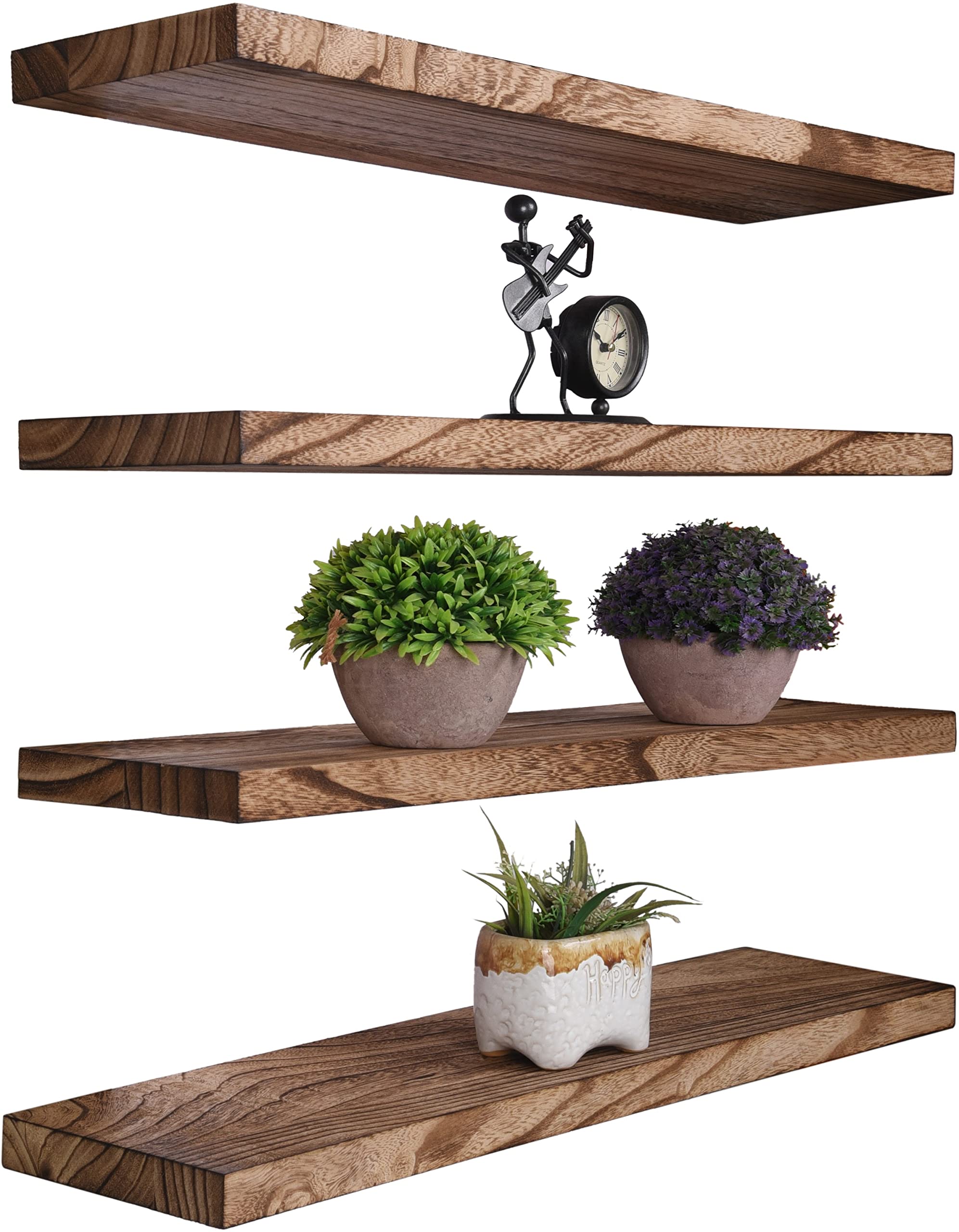 YYWUOJJ Wood Floating Shelves for Wall Decor, Rustic Wall Shelves for Bedroom Bathroom Kitchen Living Room, Set of 4 Light Walnu