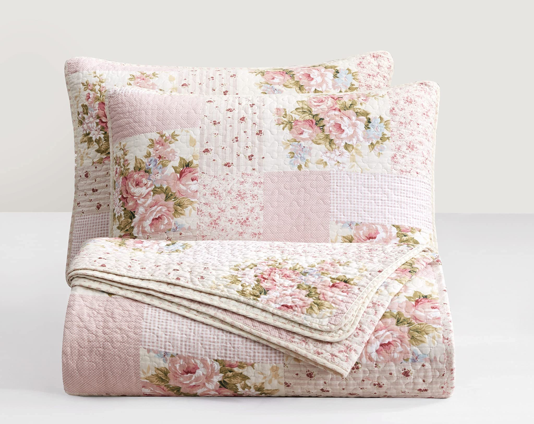 Chezmoi Collection Rosy 3-Piece Queen Size Printed Patchwork Cotton Quilt Set - Pink Flower Floral Striped Polka Dots - Stone Wa
