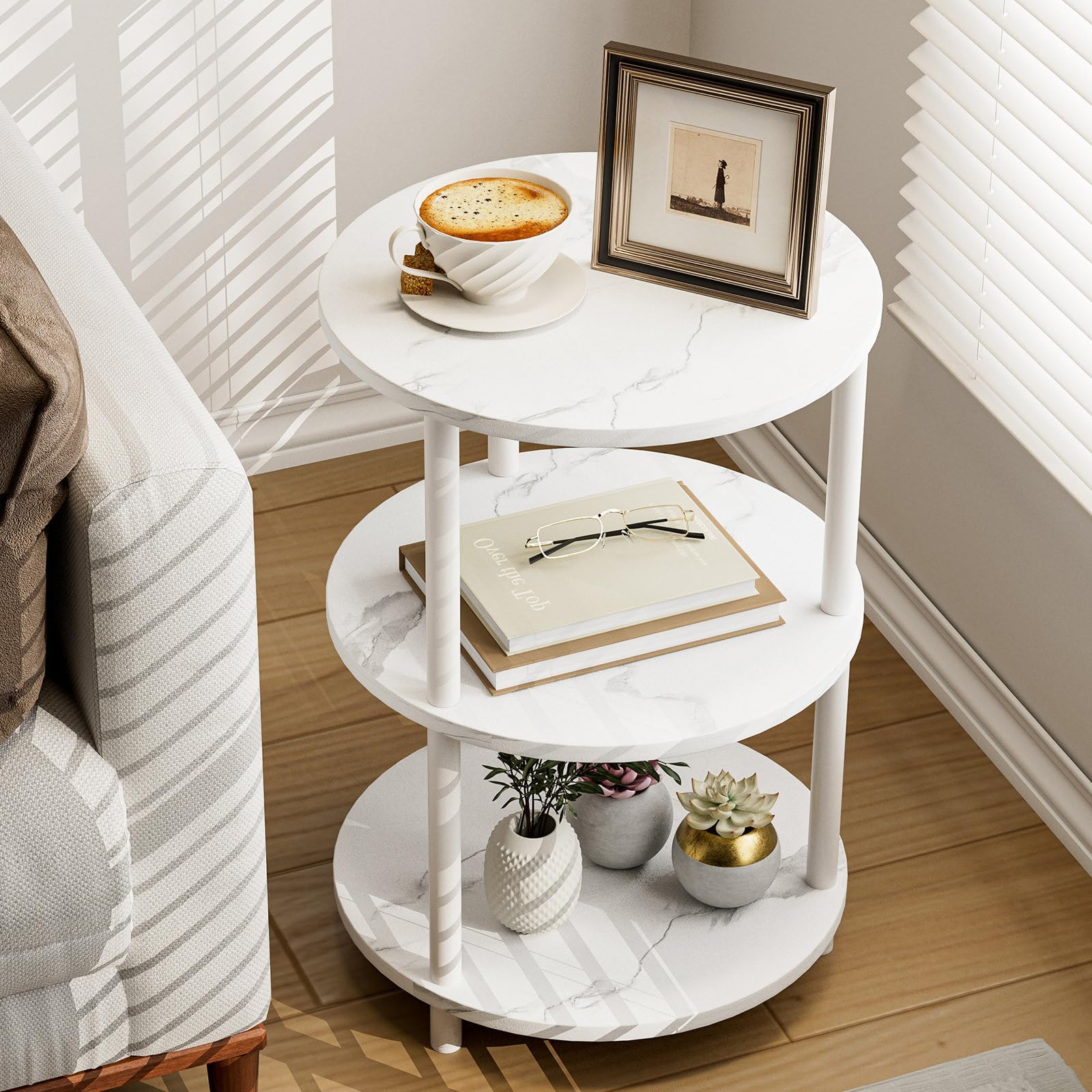 XBurmo Small Round End Table - 3 Tier Design Accent Table, Narrow Side or Bedside Stand, Industrial Vintage Nightstand for Bedro