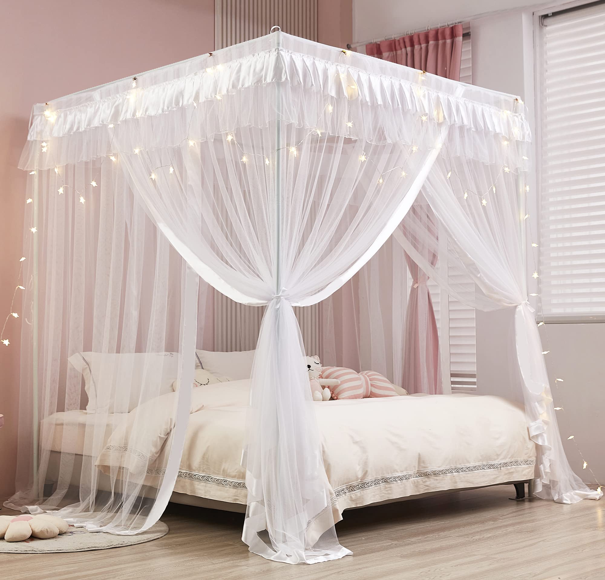 Mengersi Princess 4 Corners Post Bed Curtain Canopy Mosquito Netting (White, Twin)