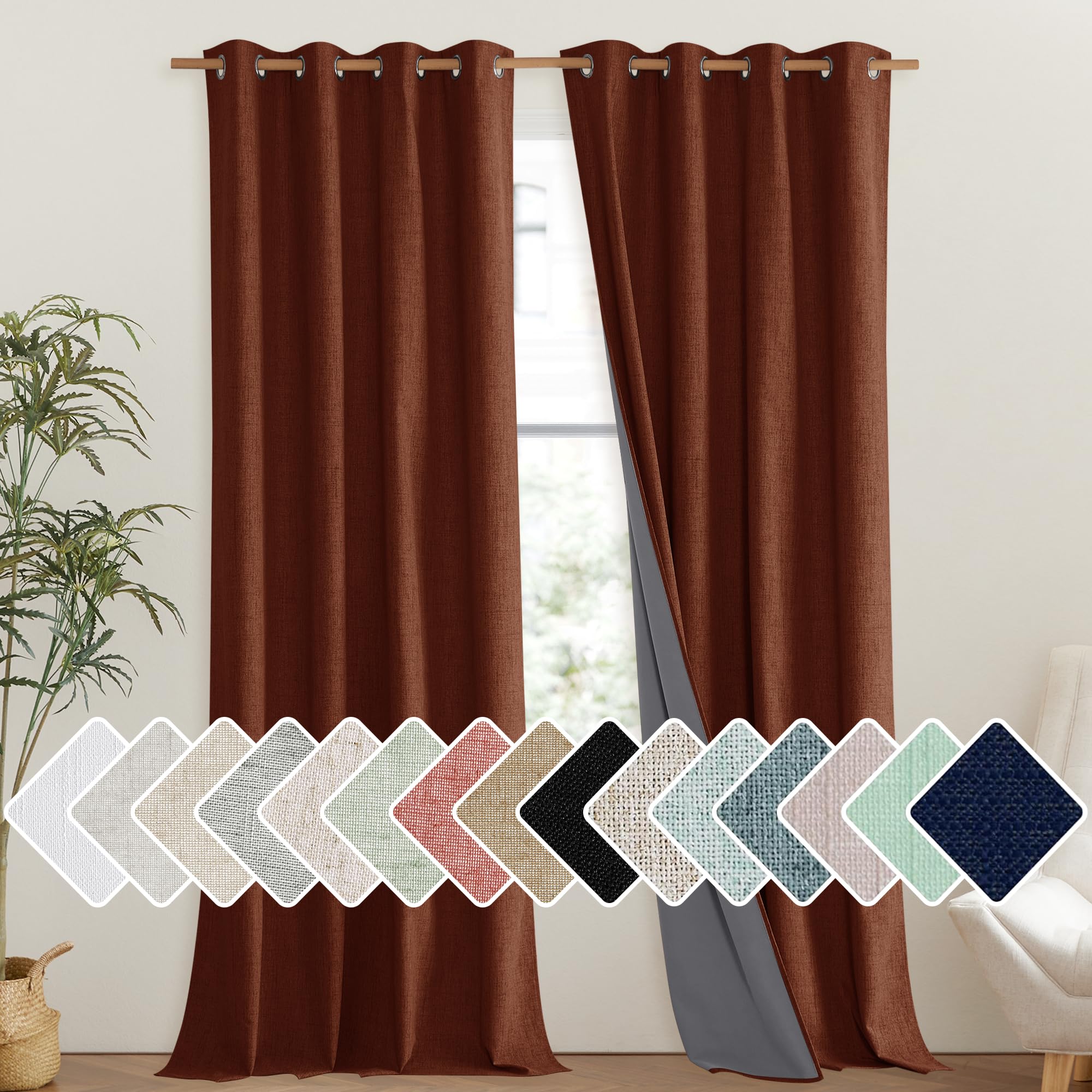 NICETOWN 100% Absolutely Blackout Linen Curtains with Thermal Insulated Liner, 52 Wide, 2 Panels, 108 Long Drapes, Grommet Retro