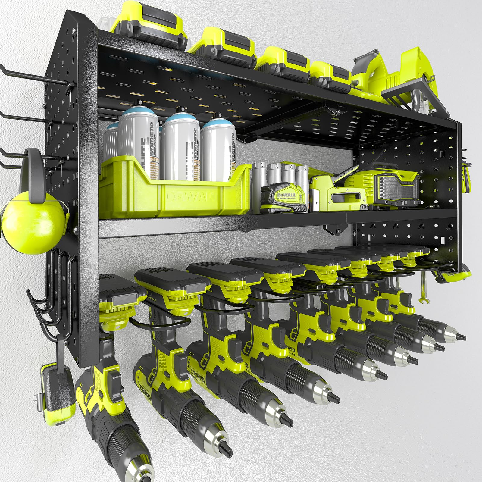 KAFAHOM Power Tool Organizer,Large 8 Drill Holder Wall Mount with 2 Side Pegboards,Metal Tool Shelf with 12 Hooks,Storage Rack f