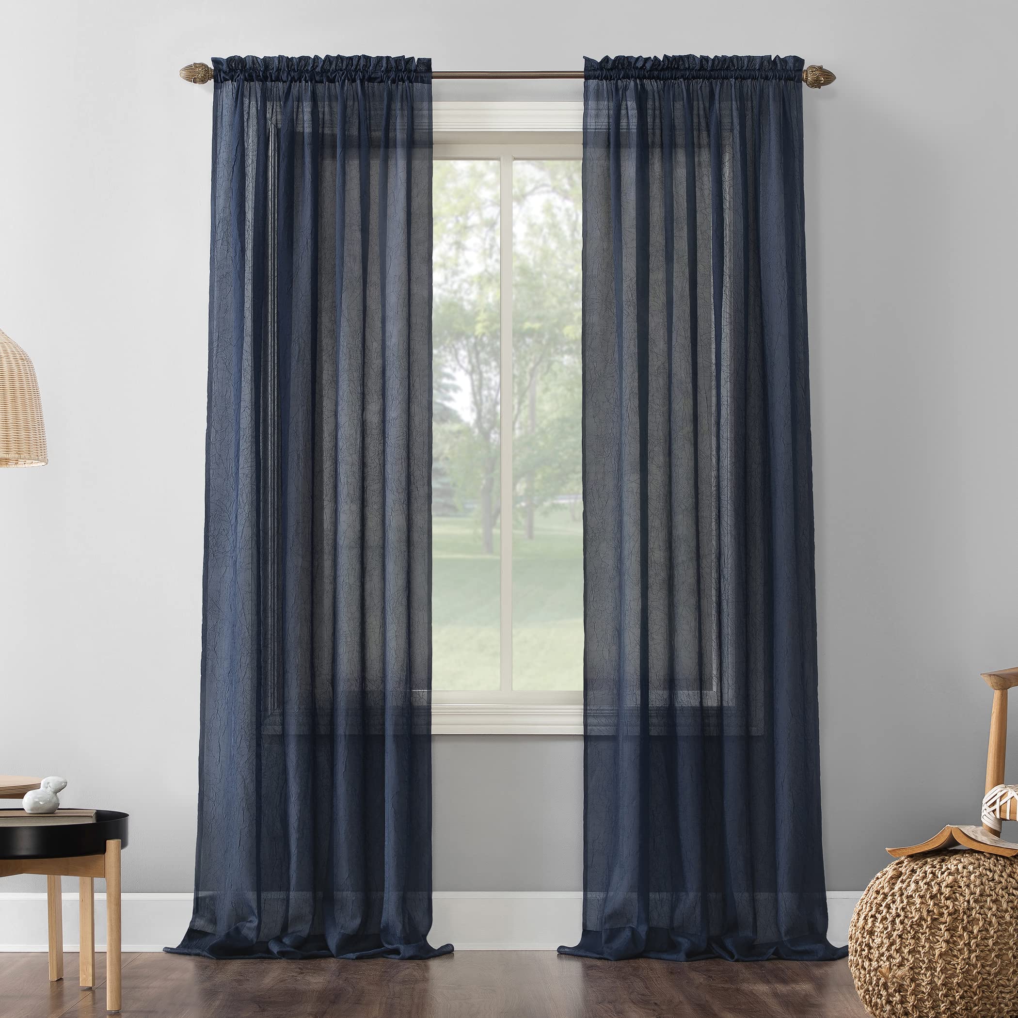 No. 918 Erica Crushed Sheer Voile Rod Pocket Curtain Panel, 51 x 95, Navy Blue