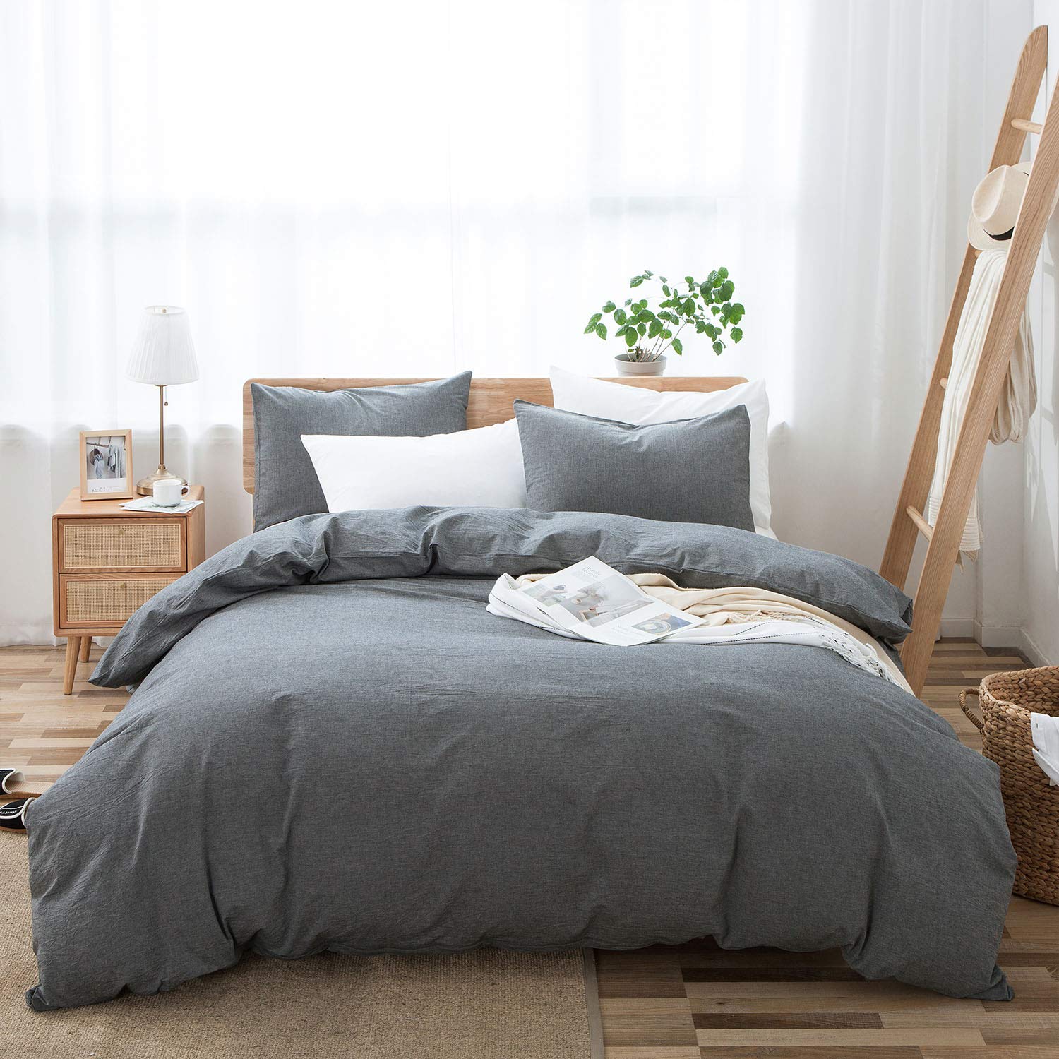 LOVQUE 100% Washed Cotton Duvet Cover King Size, Grey Fade-Resistant Natural Bedding Set (No Comforter), 104x90 Inches