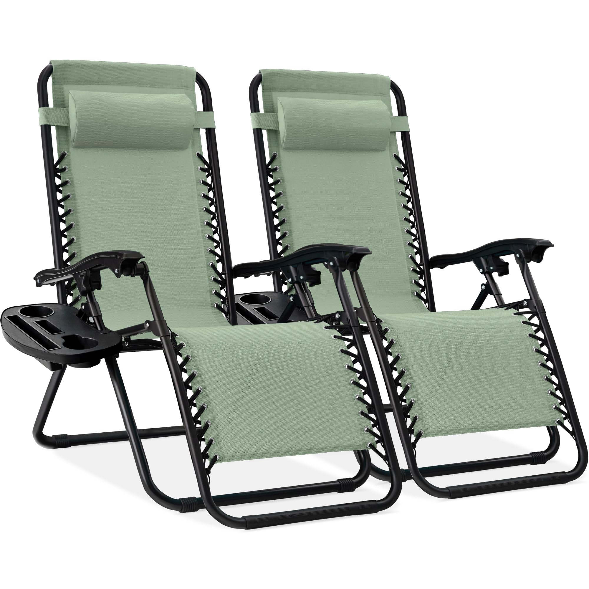 Best Choice Products Set of 2 Adjustable Steel Mesh Zero Gravity Lounge Chair Recliners w/Pillows and Cup Holder Trays - Sage Gr