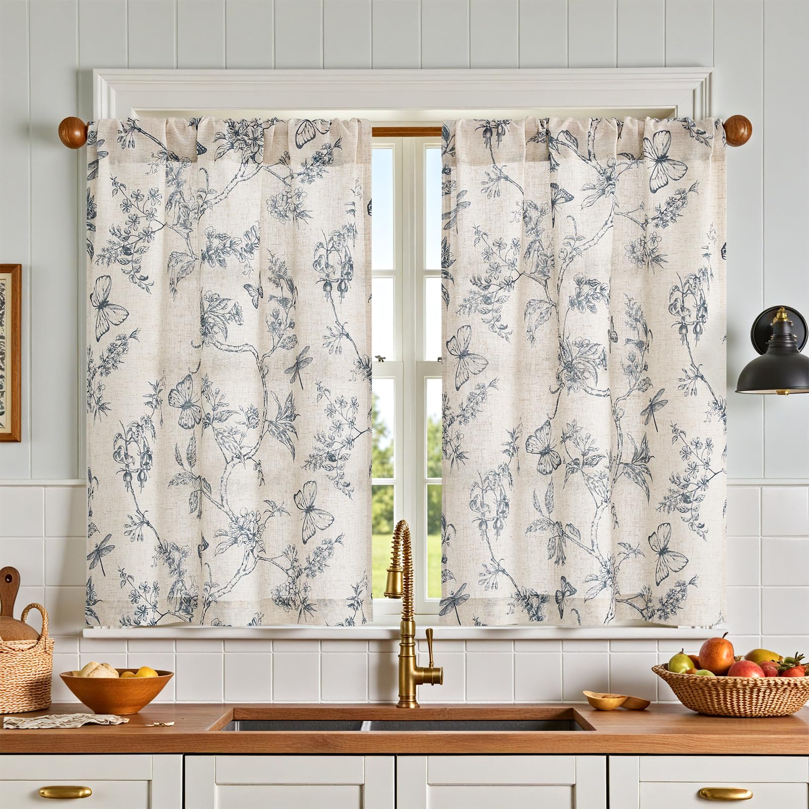 jinchan Floral Kitchen Curtains for Windows 24 Inch Farmhouse Country Linen Tier Curtains Botanic Small Window Drapes for Living