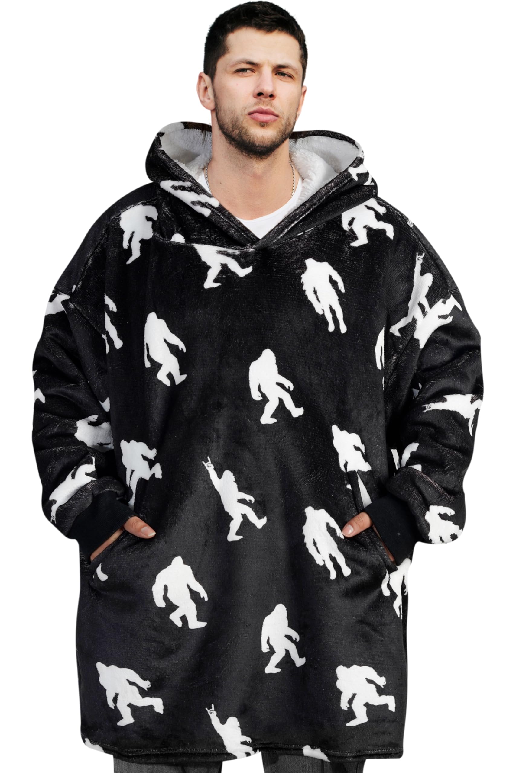 Huglanket Bigfoot Gifts for Men, Big Foot Sasquatch Christmas Gifts Blanket Hoodie Wearable Hooded Blanket, One Size Fits All, H