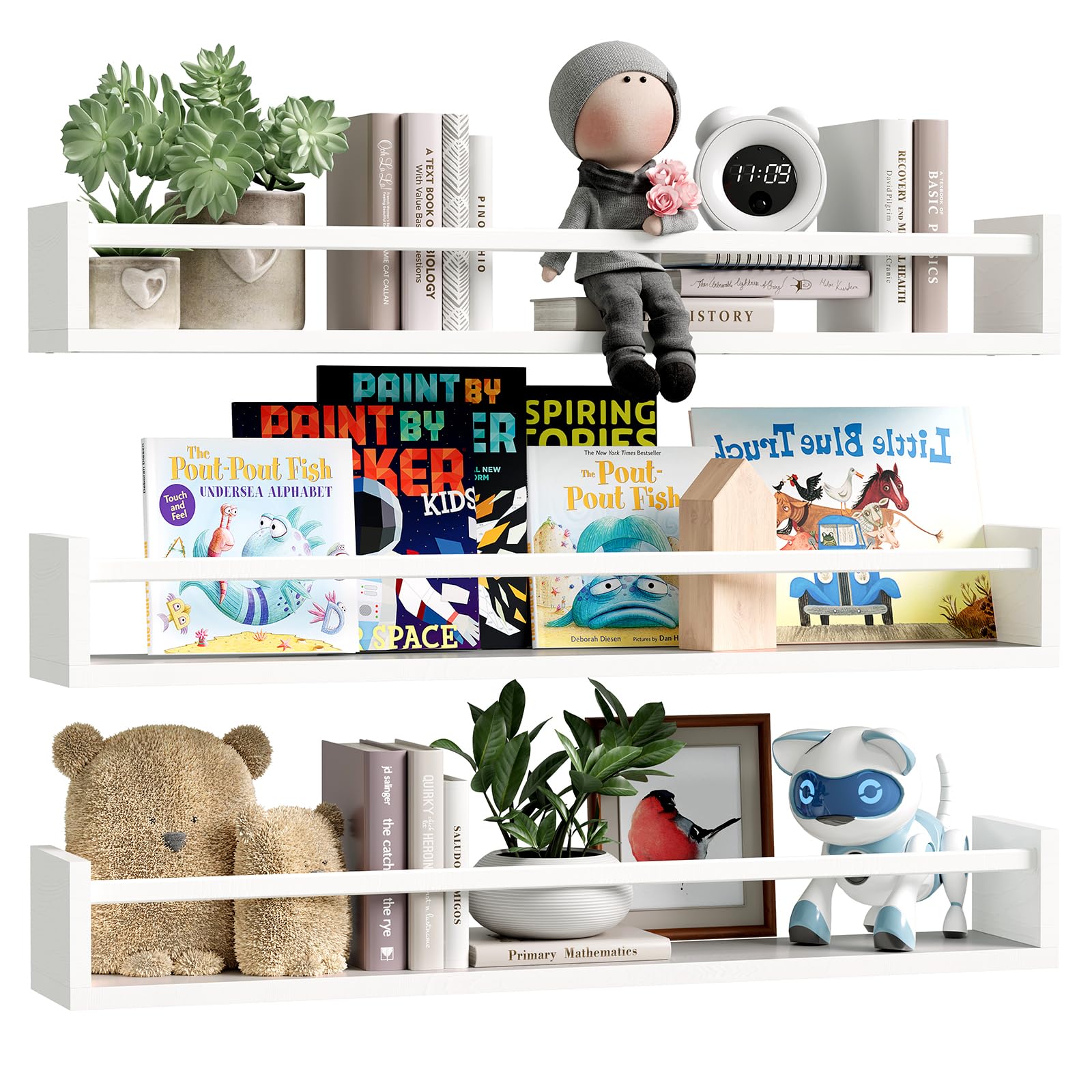 Fixwal Nursery Book Shelves, 23.6 Inch Floating Bookshelf for Wall, Set of 3, Nursery Decor, Solid Wood Wall Mounted Shelves for