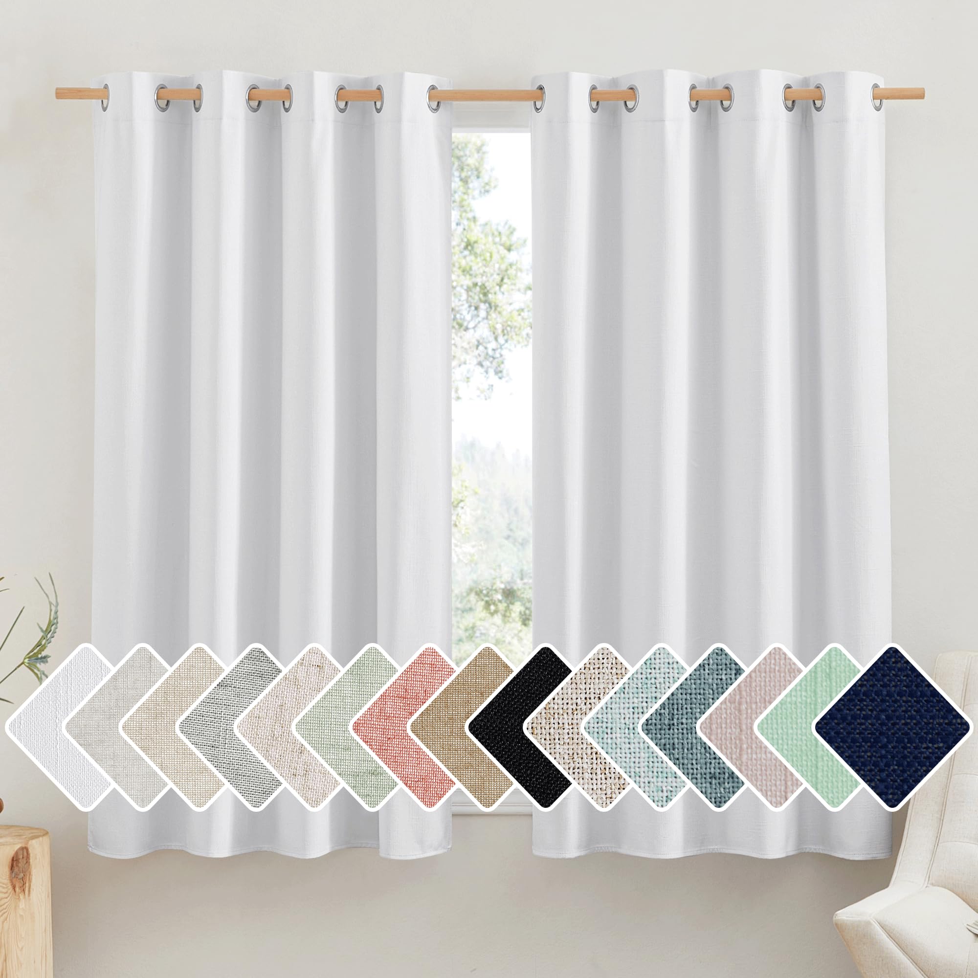 NICETOWN 100% Absolutely Blackout Linen Curtains with Thermal Insulated White Liner, White, 52 inches Wide, 45 inches Length Ene